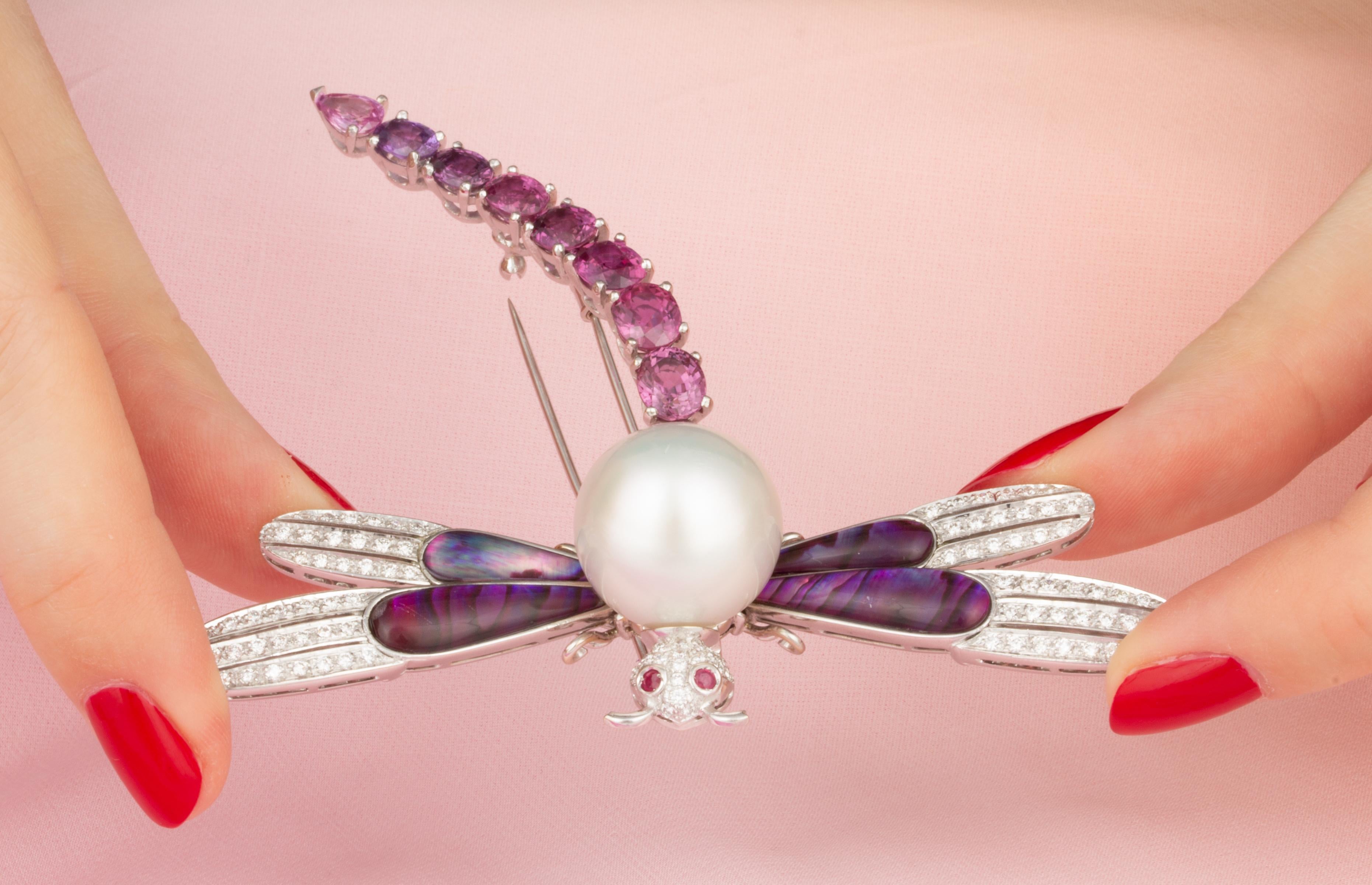 Oval Cut Dragonfly Brooch Pin Sapphires Diamonds Pearl Design by Ella Gafter For Sale