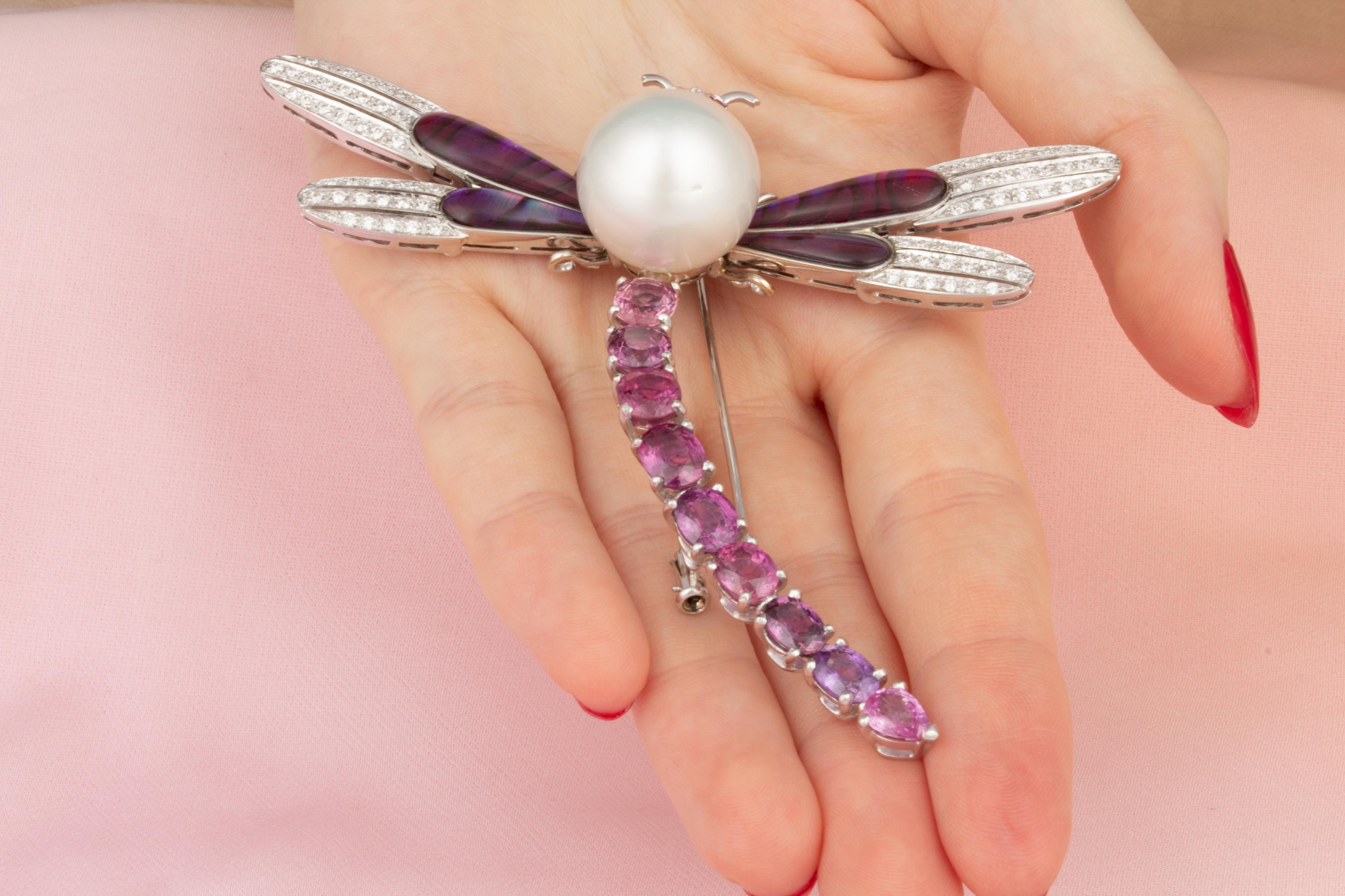 Dragonfly Brooch Pin Sapphires Diamonds Pearl Design by Ella Gafter In New Condition For Sale In New York, NY