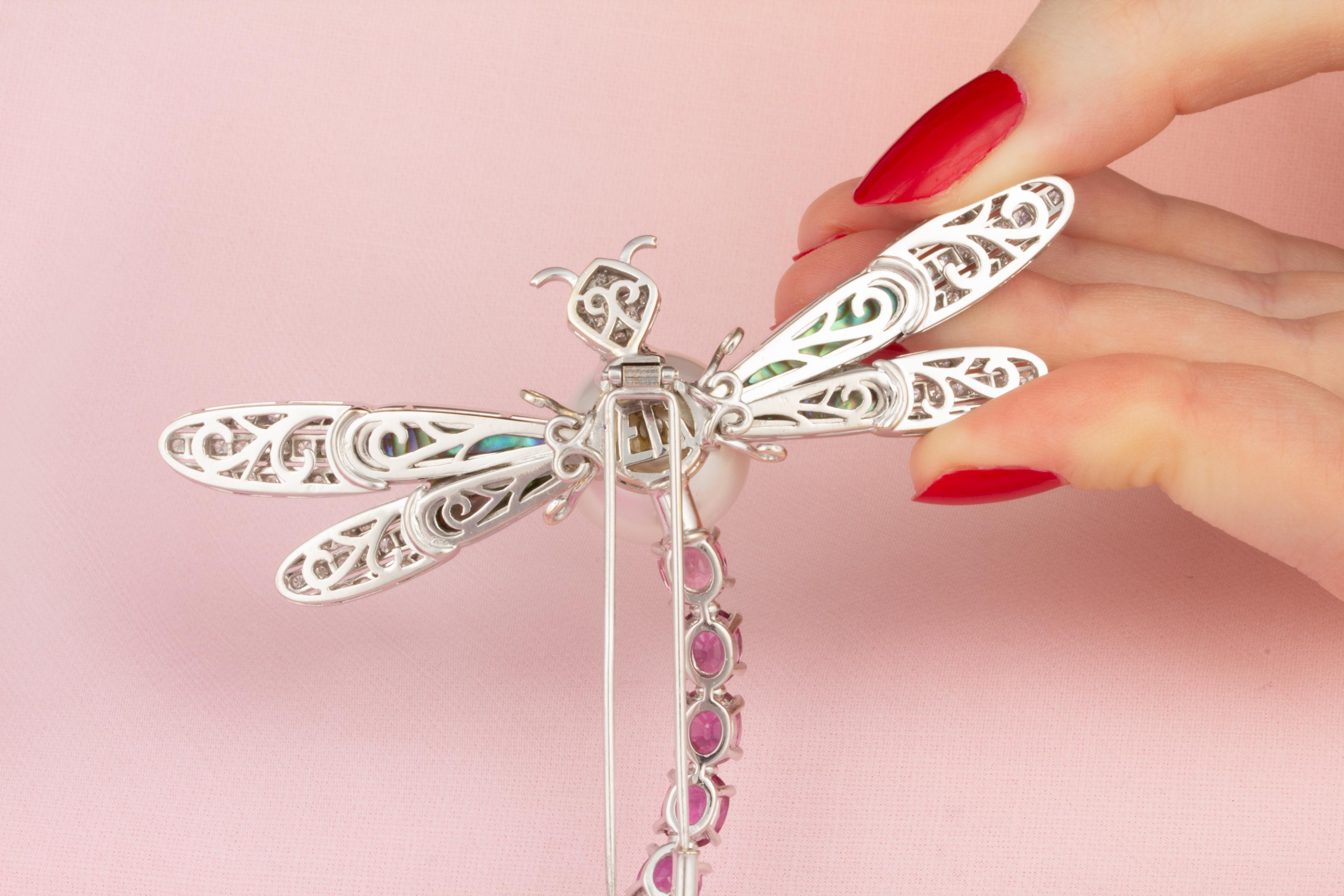 Dragonfly Brooch Pin Sapphires Diamonds Pearl Design by Ella Gafter For Sale 1