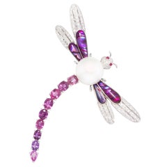 Dragonfly Brooch Pin Sapphires Diamonds Pearl Design by Ella Gafter