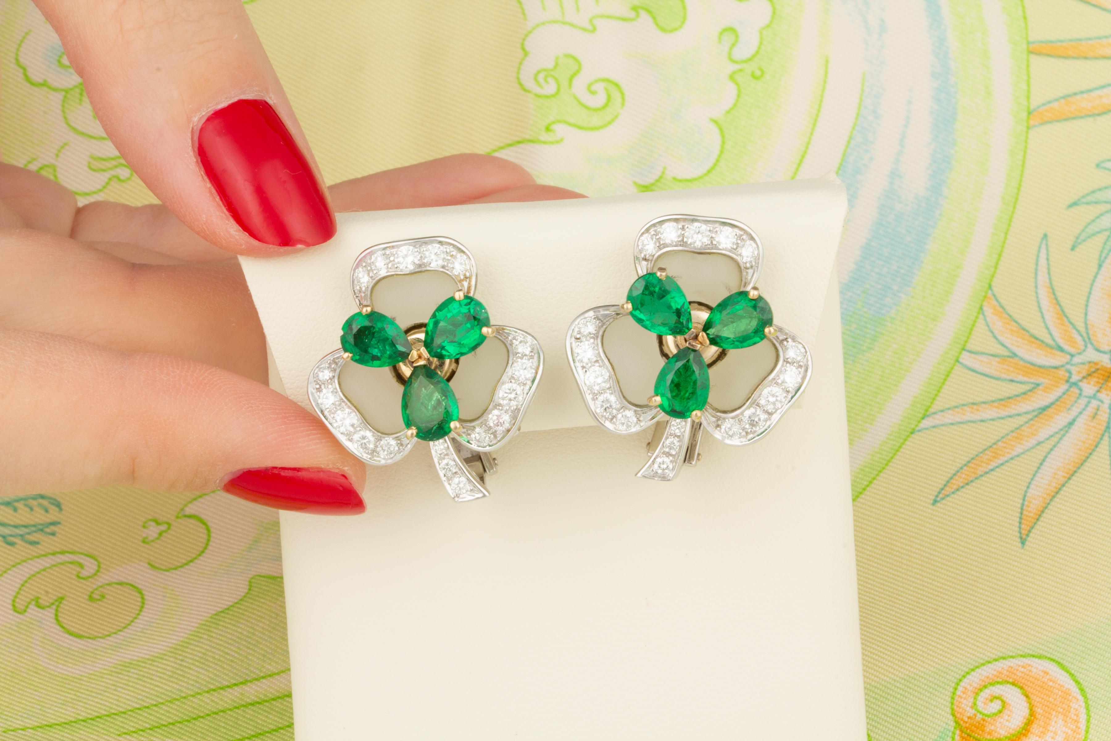 Artist Ella Gafter Emerald Diamond Clover Earrings  For Sale
