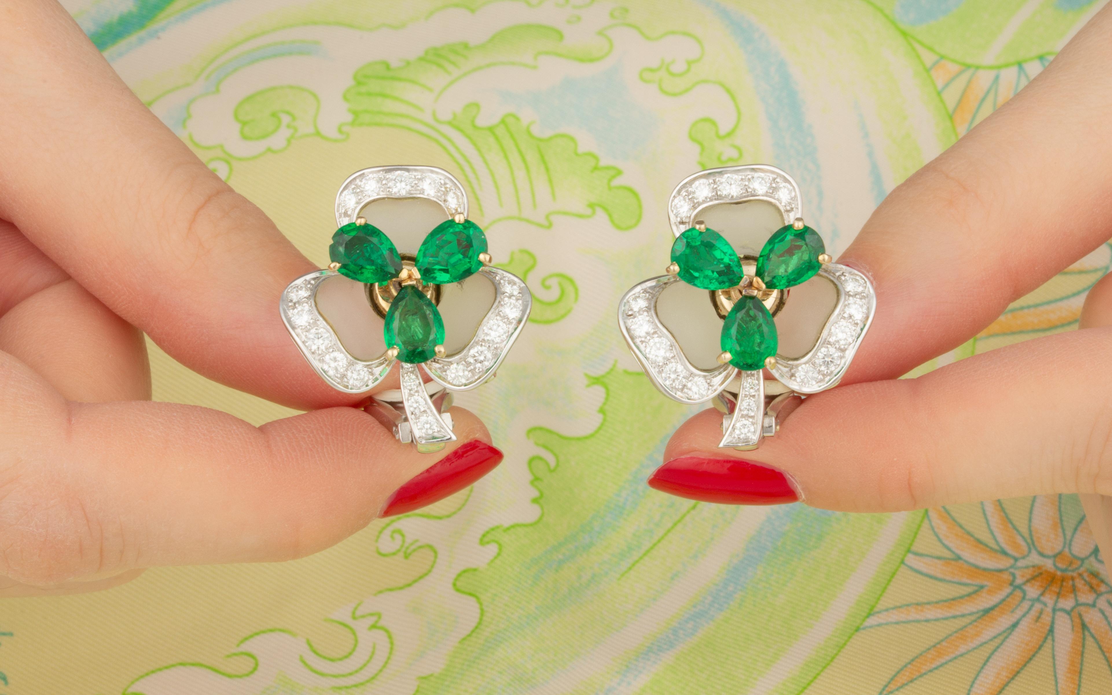 Oval Cut Ella Gafter Emerald Diamond Clover Earrings  For Sale