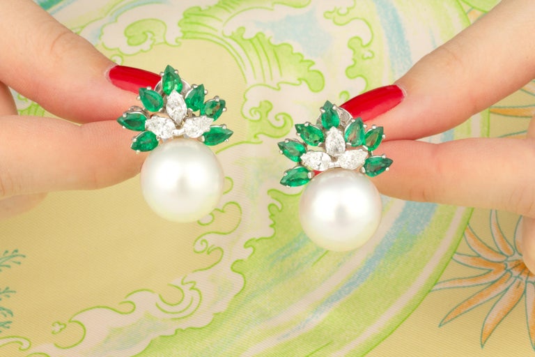 Women's Ella Gafter Emerald Diamond South Sea Pearl Earrings For Sale