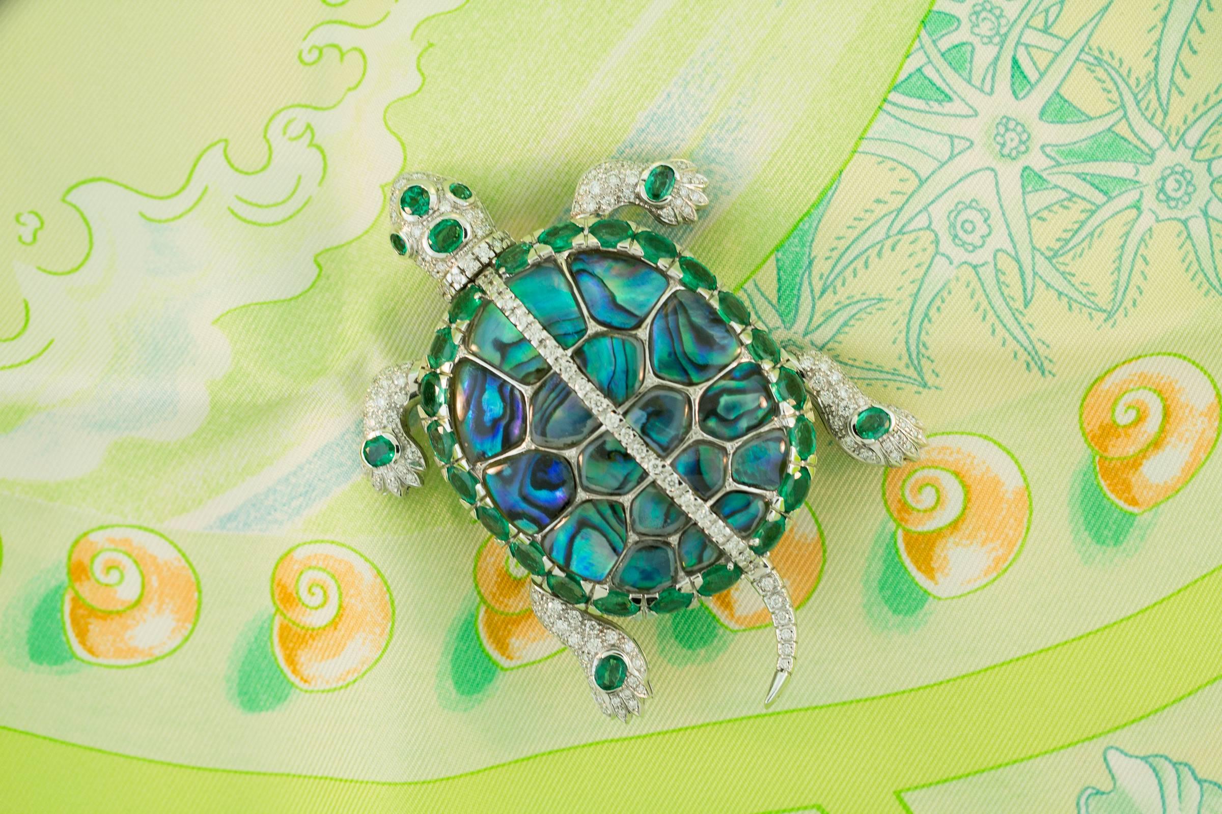 Artist Ella Gafter Turtle Brooch Diamond Emerald   For Sale