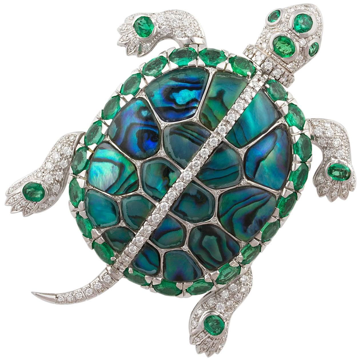 Ella Gafter Turtle Brooch Diamond Emerald   For Sale