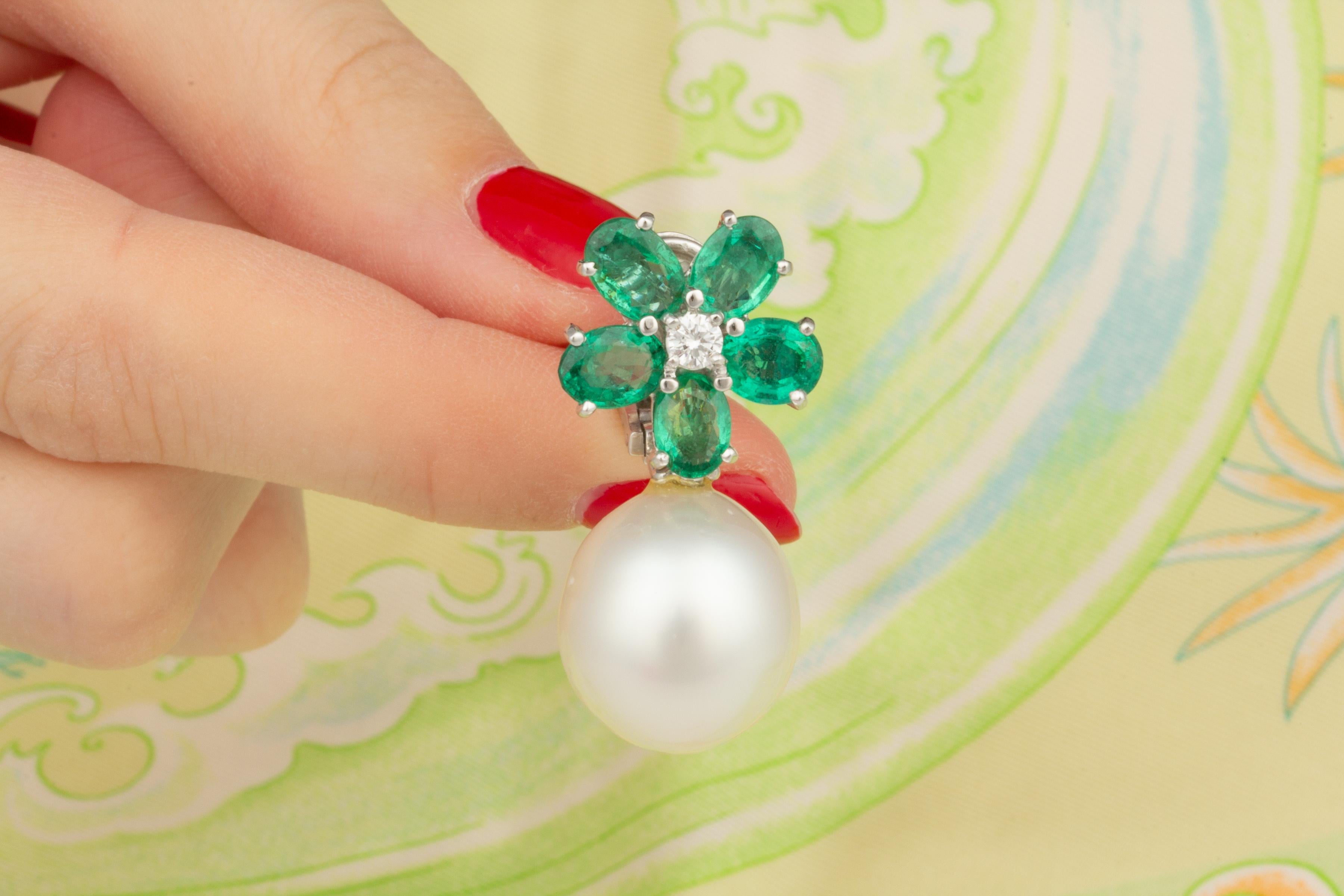 Artist Ella Gafter Emerald South Sea Pearl Flower Earrings For Sale