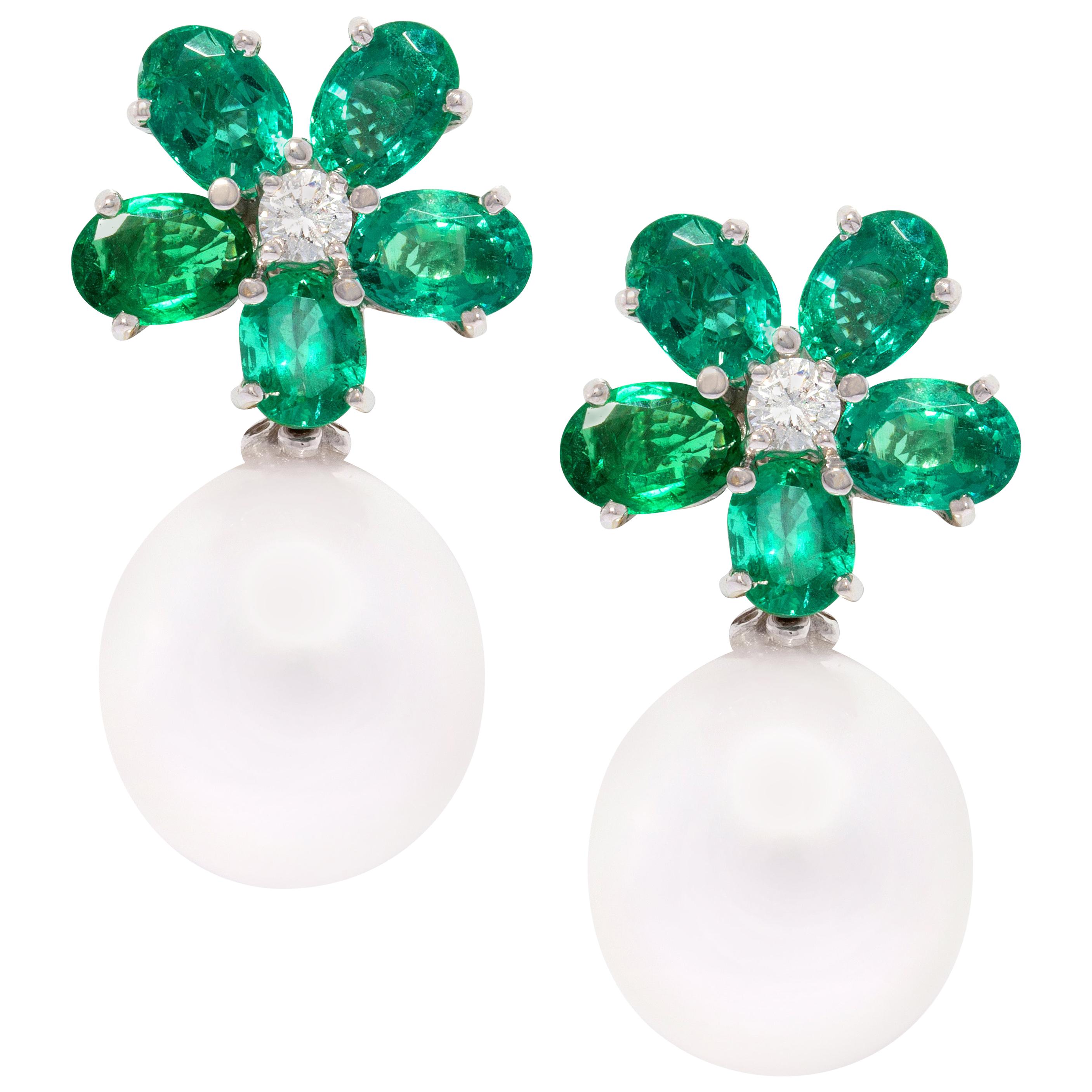 Ella Gafter Emerald South Sea Pearl Flower Earrings