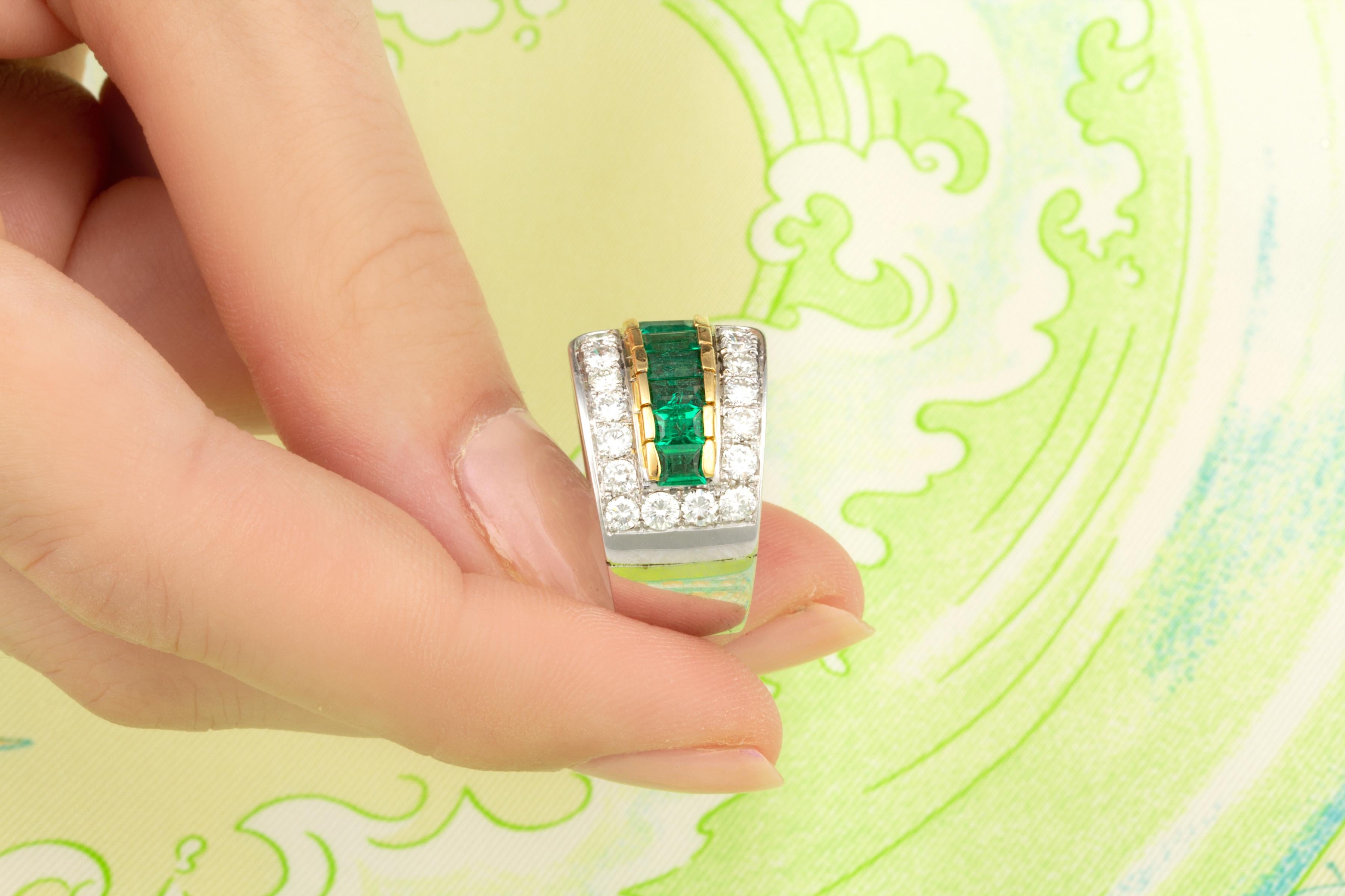 Women's Emerald and Diamond Cocktail Ring Band Design by Ella Gafter For Sale