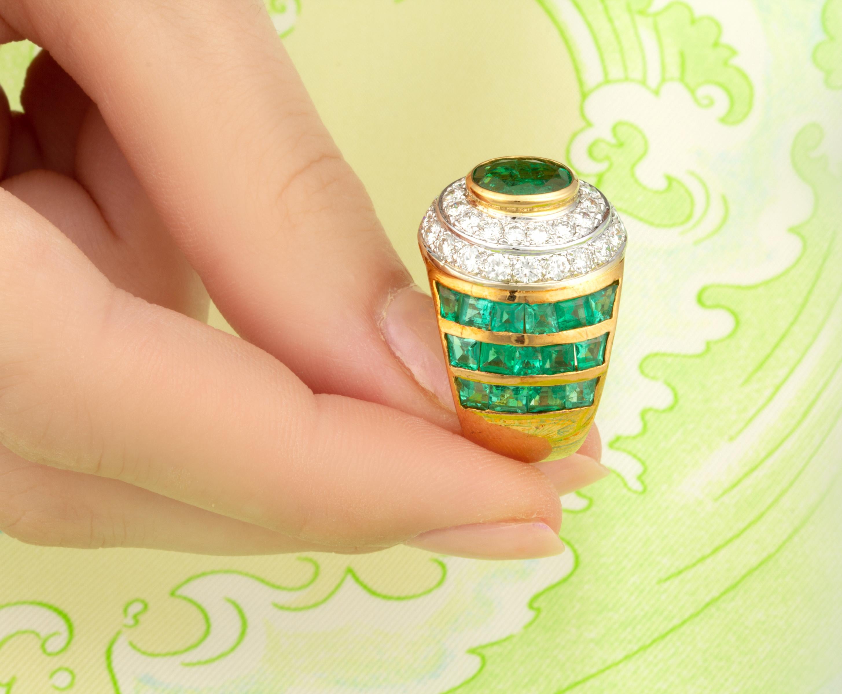 Women's Emerald Diamond Cocktail Ring Dome Design by Ella Gafter For Sale