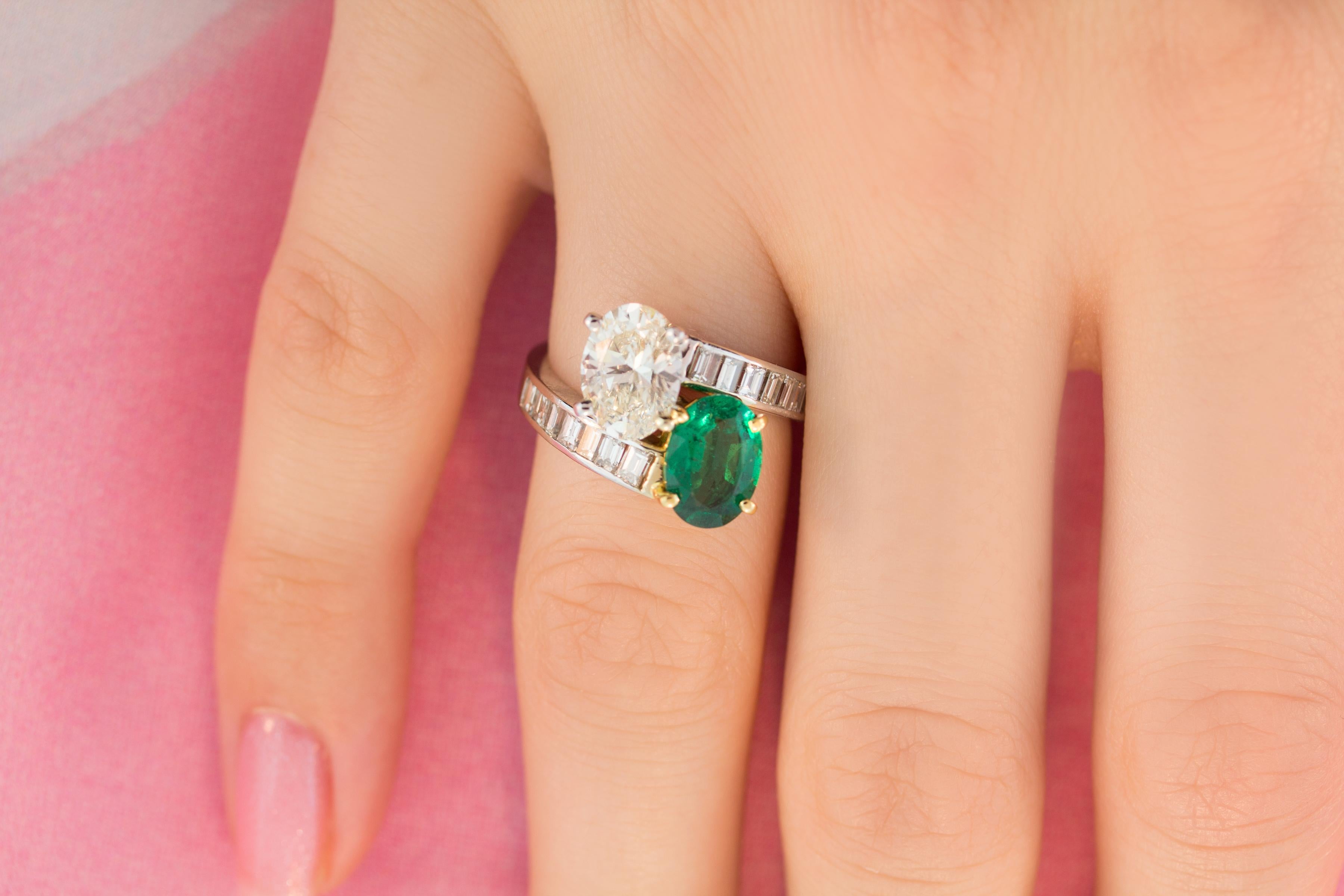 Artist Ella Gafter Emerald Diamond Crossover Ring For Sale