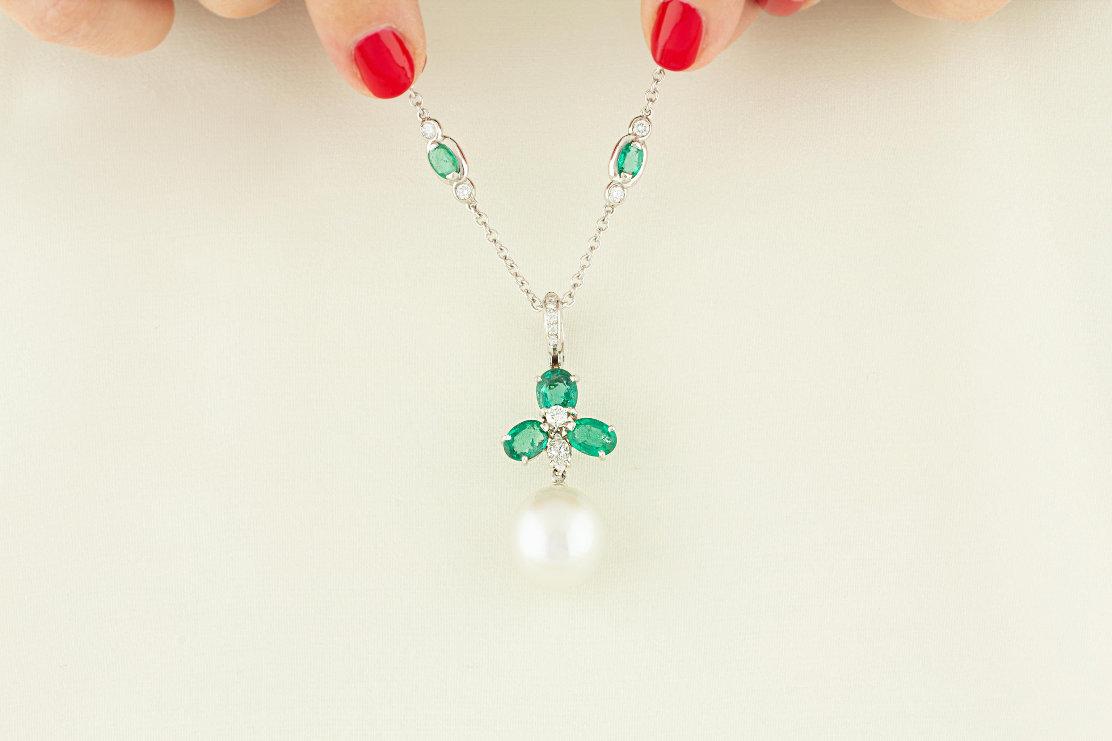 Artist Ella Gafter Emerald Diamond Pearl Pendant Necklace For Sale