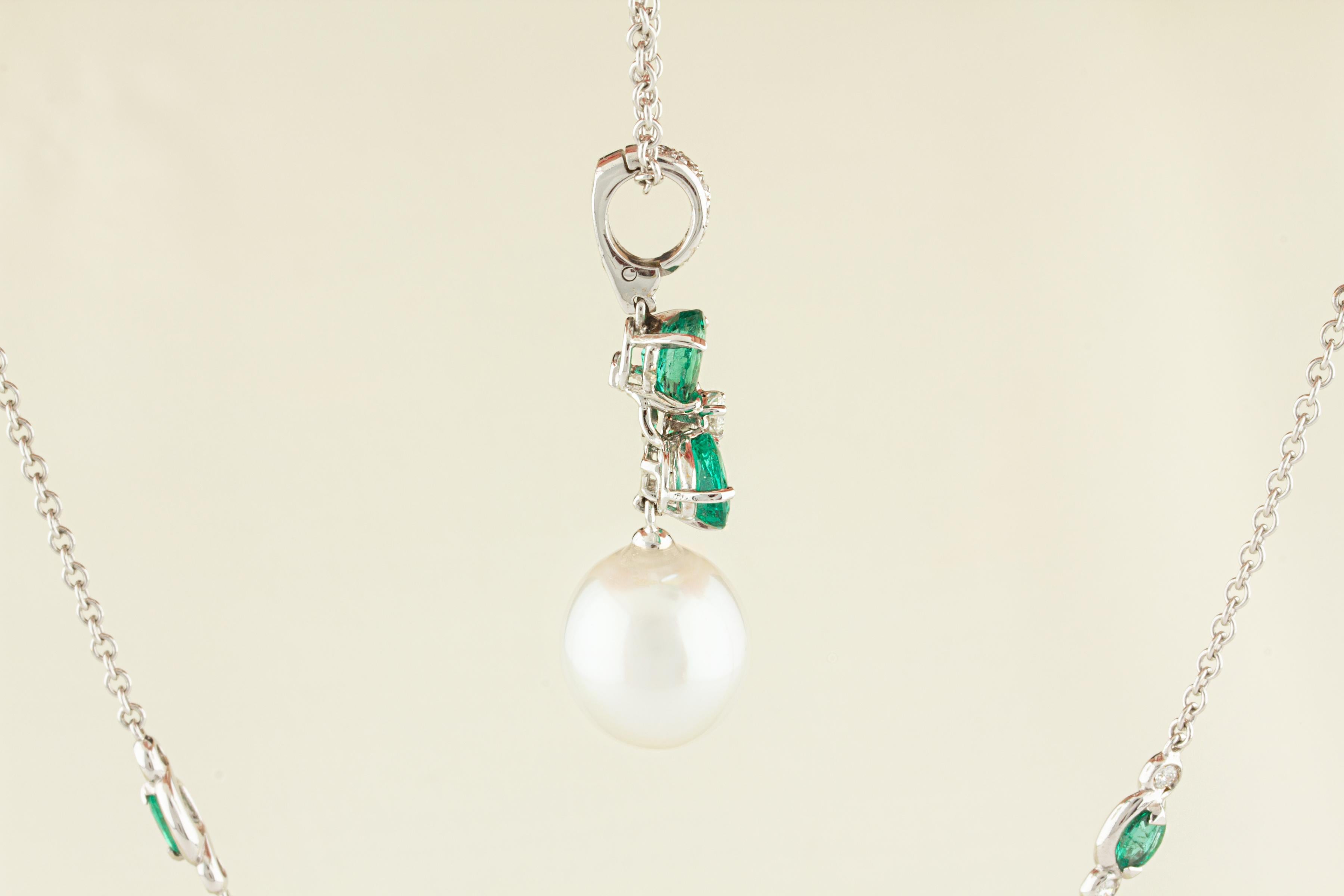 Ella Gafter Emerald Diamond Pearl Pendant Necklace For Sale 1