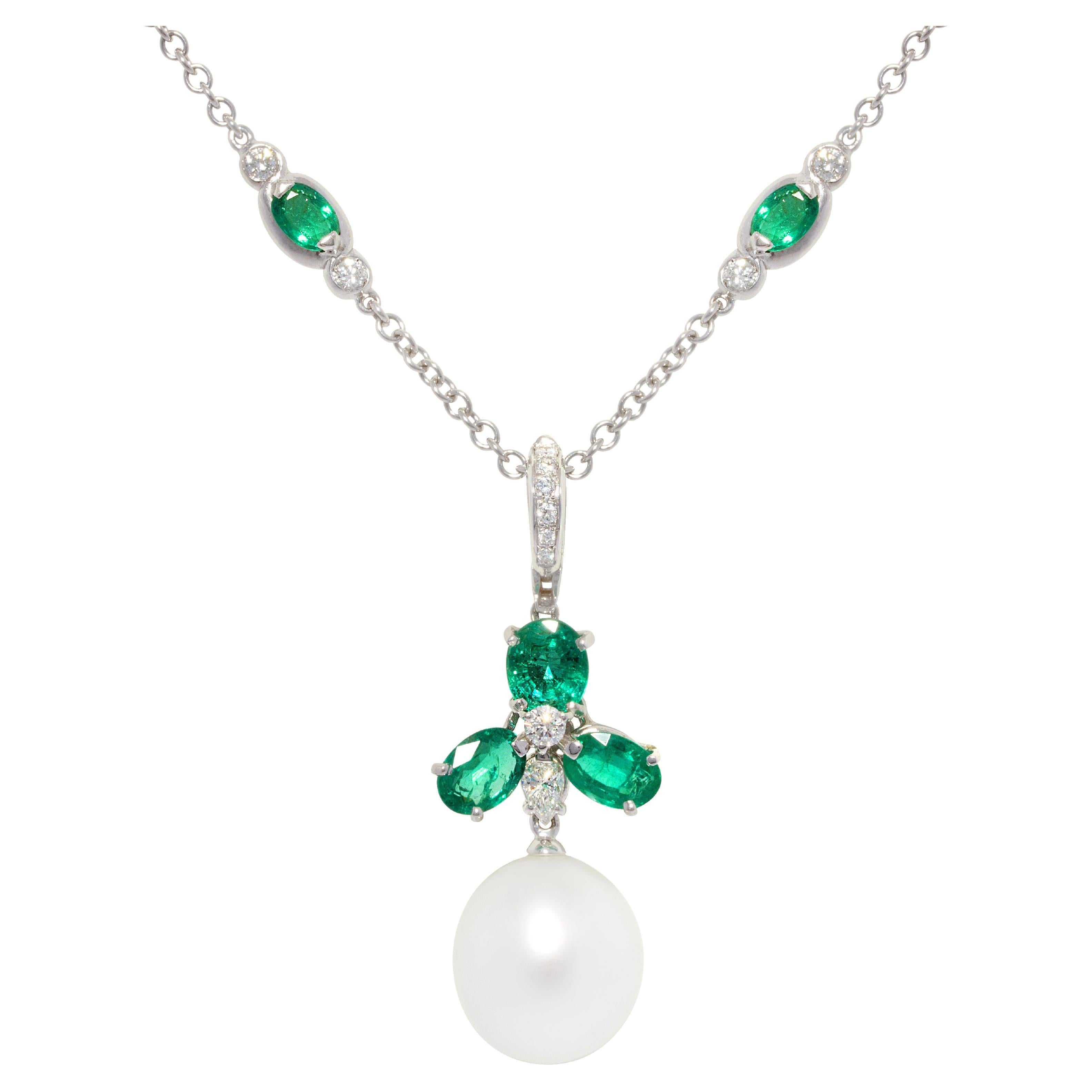 Ella Gafter Emerald Diamond Pearl Pendant Necklace For Sale
