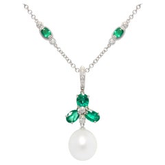 Ella Gafter Emerald Diamond Pearl Pendant Necklace