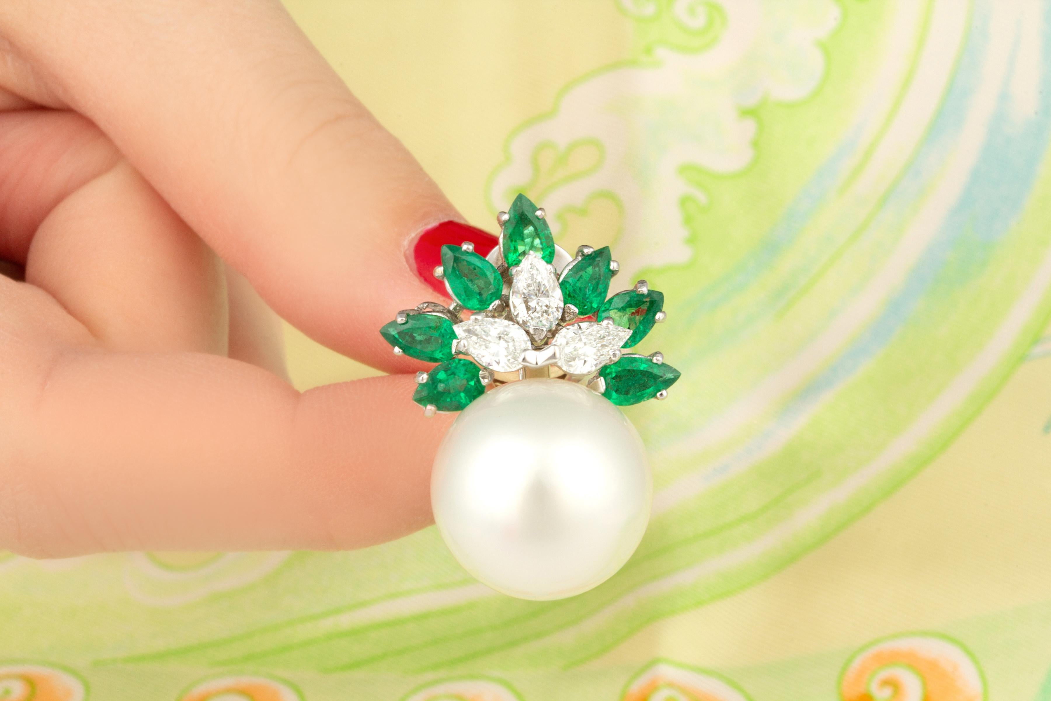 Ella Gafter Emerald Diamond South Sea Pearl Earrings For Sale 4