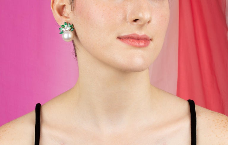 Pear Cut Ella Gafter Emerald Diamond South Sea Pearl Earrings For Sale