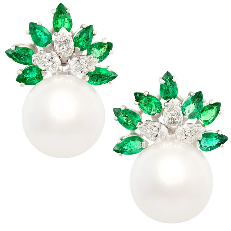 Ella Gafter Emerald Diamond South Sea Pearl Earrings For Sale