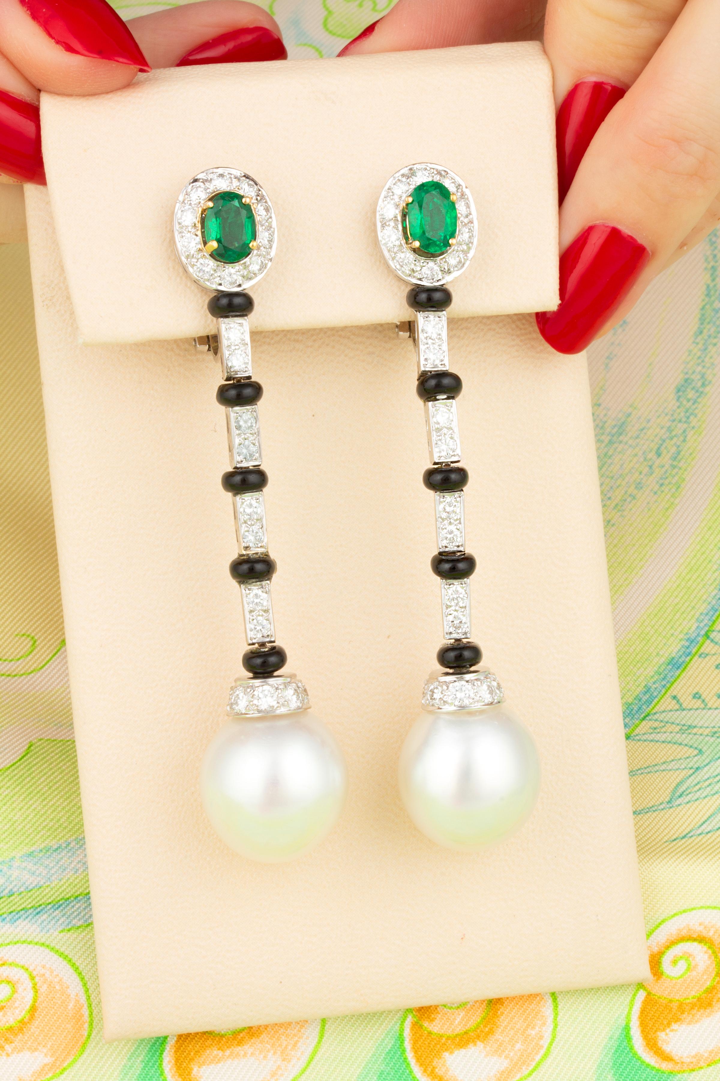 Artist Ella Gafter Art Déco style Emerald South Sea Pearl Diamond Earrings  For Sale