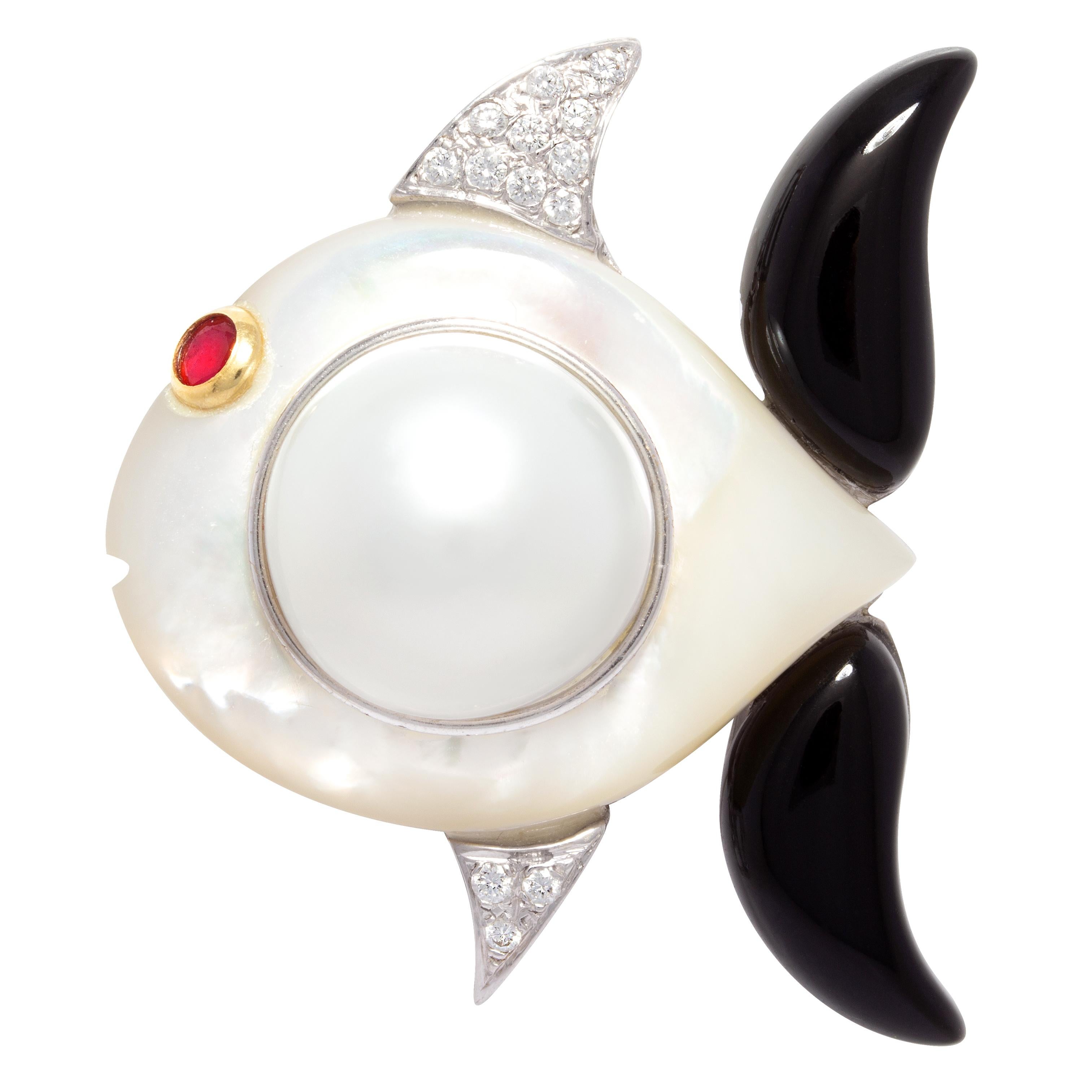 Fish Brooch Pin Diamonds Onyx Art Deco Design by Ella Gafter