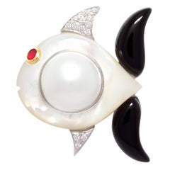 Fischbrosche/Anstecknadel Diamanten Onyx Art Deco Design von Ella Gafter