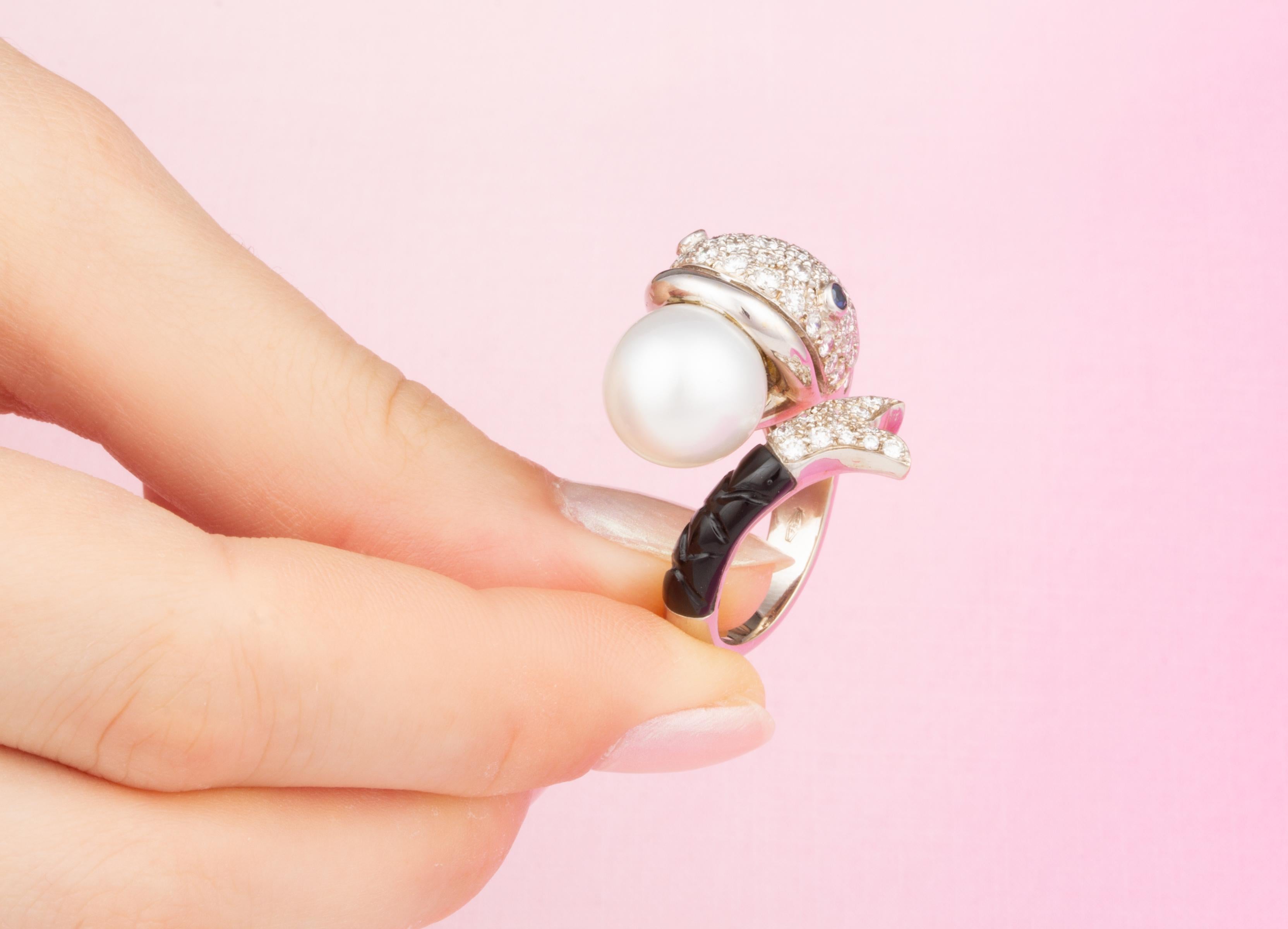 Fish Ring Diamond Pearl Onyx Design by Ella Gafter For Sale 2