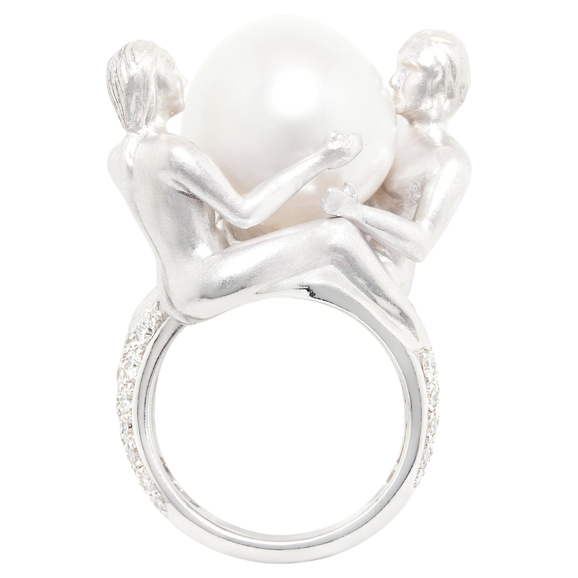 Gemini Zodiac Cocktail Ring South Sea Pearl Diamonds Design by Ella Gafter For Sale