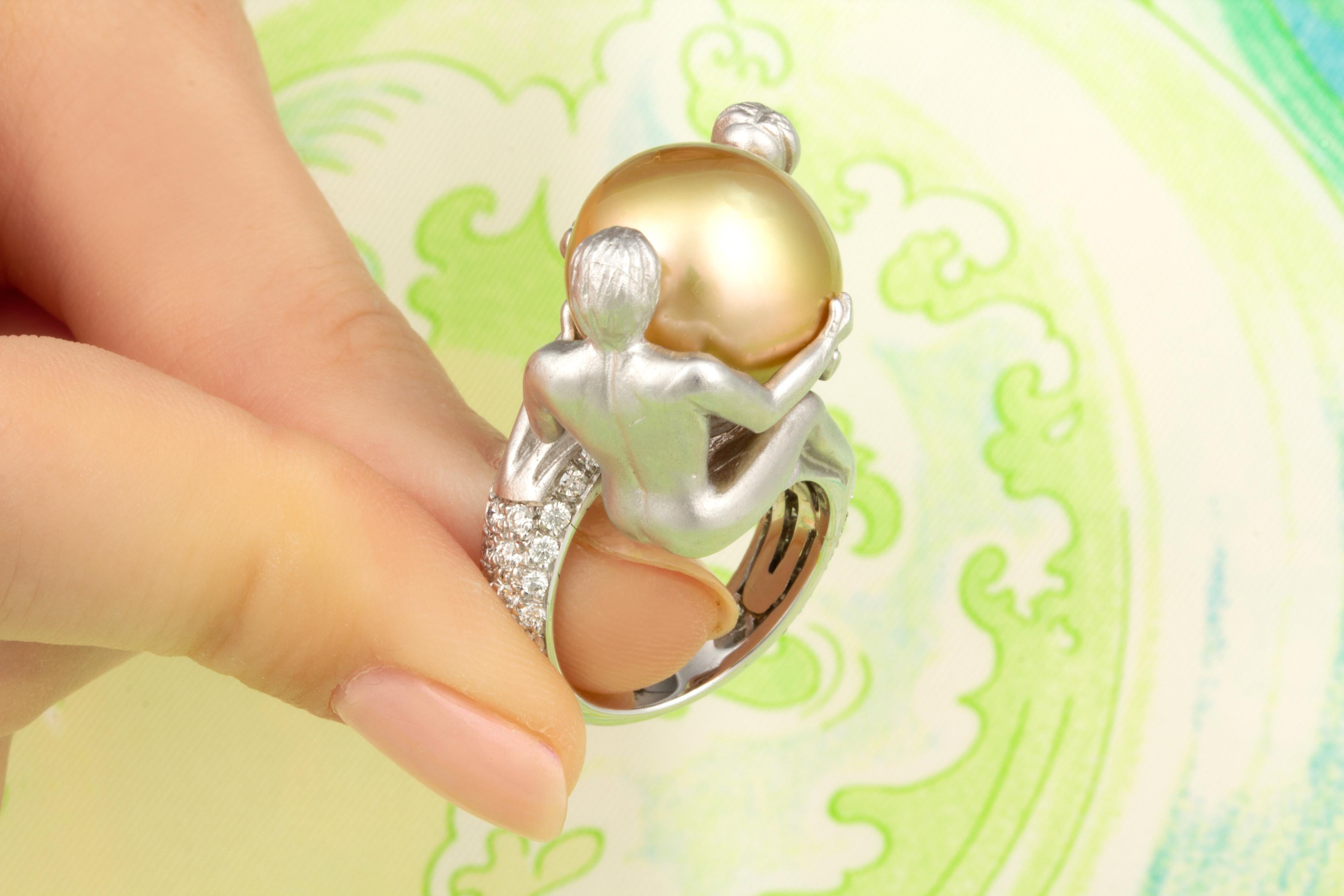 Artist Ella Gafter Gemini Diamond 16mm Golden Pearl Zodiac Ring  For Sale