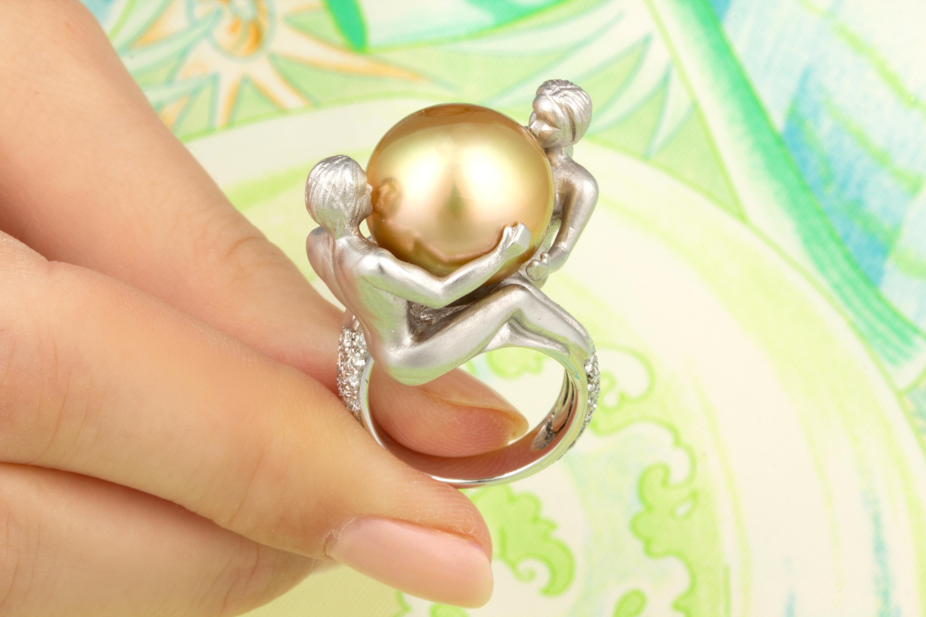 Women's or Men's Ella Gafter Gemini Diamond 16mm Golden Pearl Zodiac Ring  For Sale