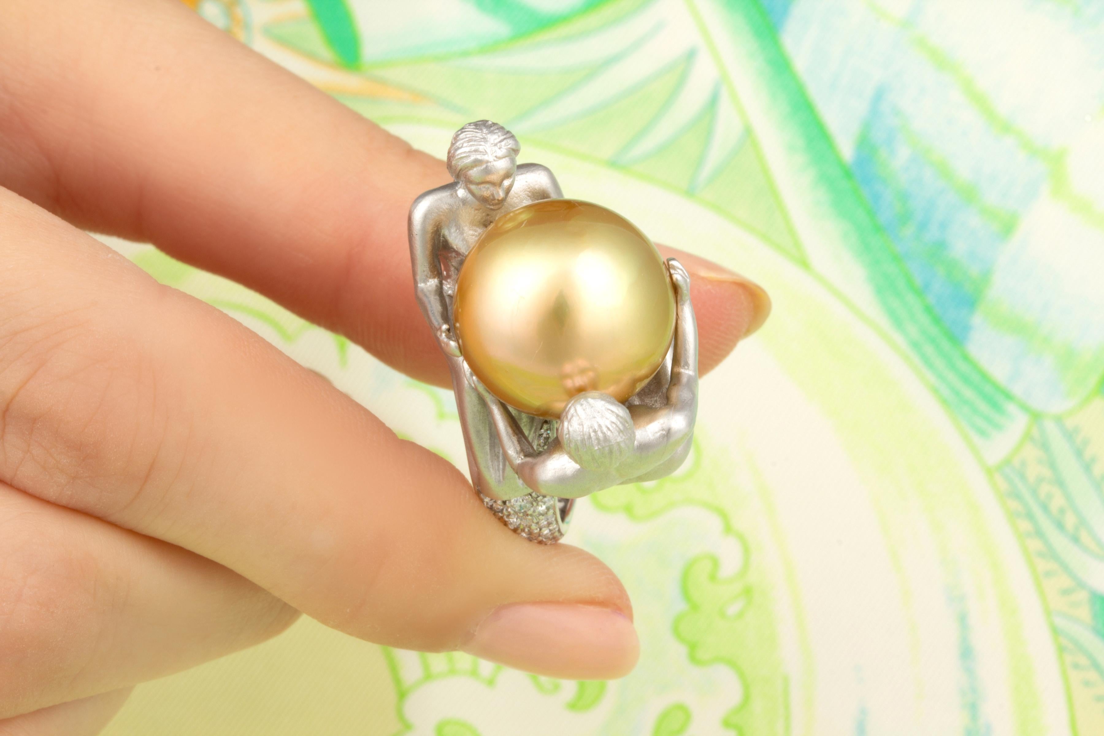 Ella Gafter Gemini Diamond 16mm Golden Pearl Zodiac Ring  For Sale 1