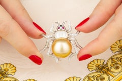 Spider Brooch Pin with Golden Pearl 17mm and Diamonds Design by Ella Gafter