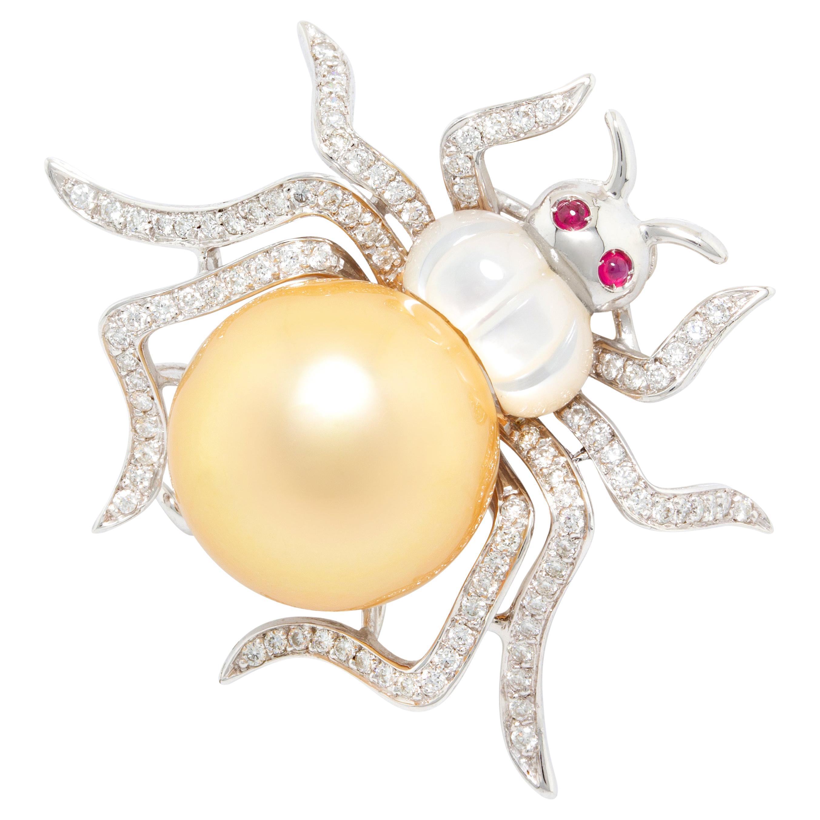 Ella Gafter Golden 17mm Pearl Diamond  Spider Pin Brooch 