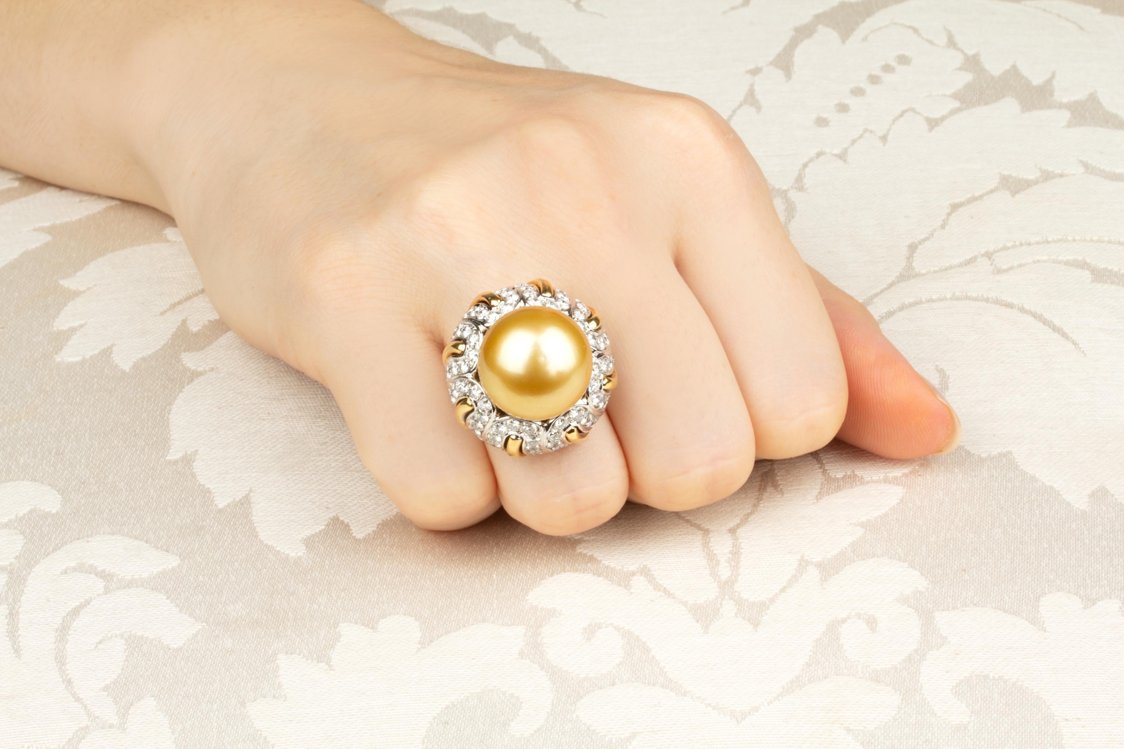 Round Cut Ella Gafter Golden Pearl 16mm Diamond Ring For Sale