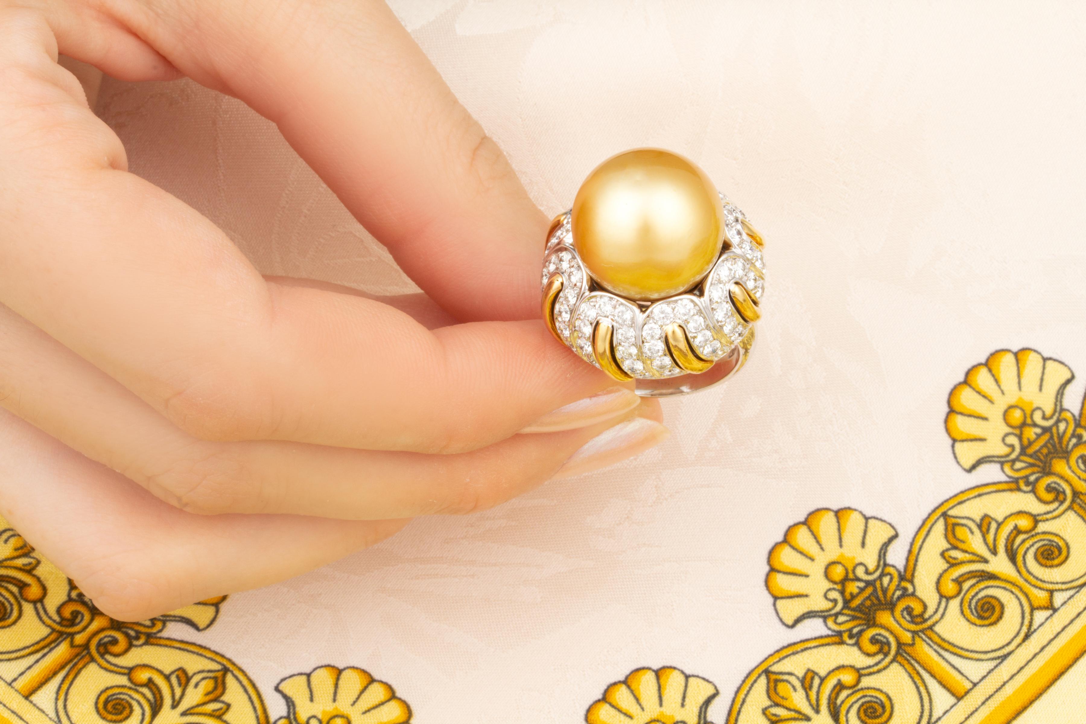 Ella Gafter Golden Pearl 16mm Diamond Ring For Sale 1