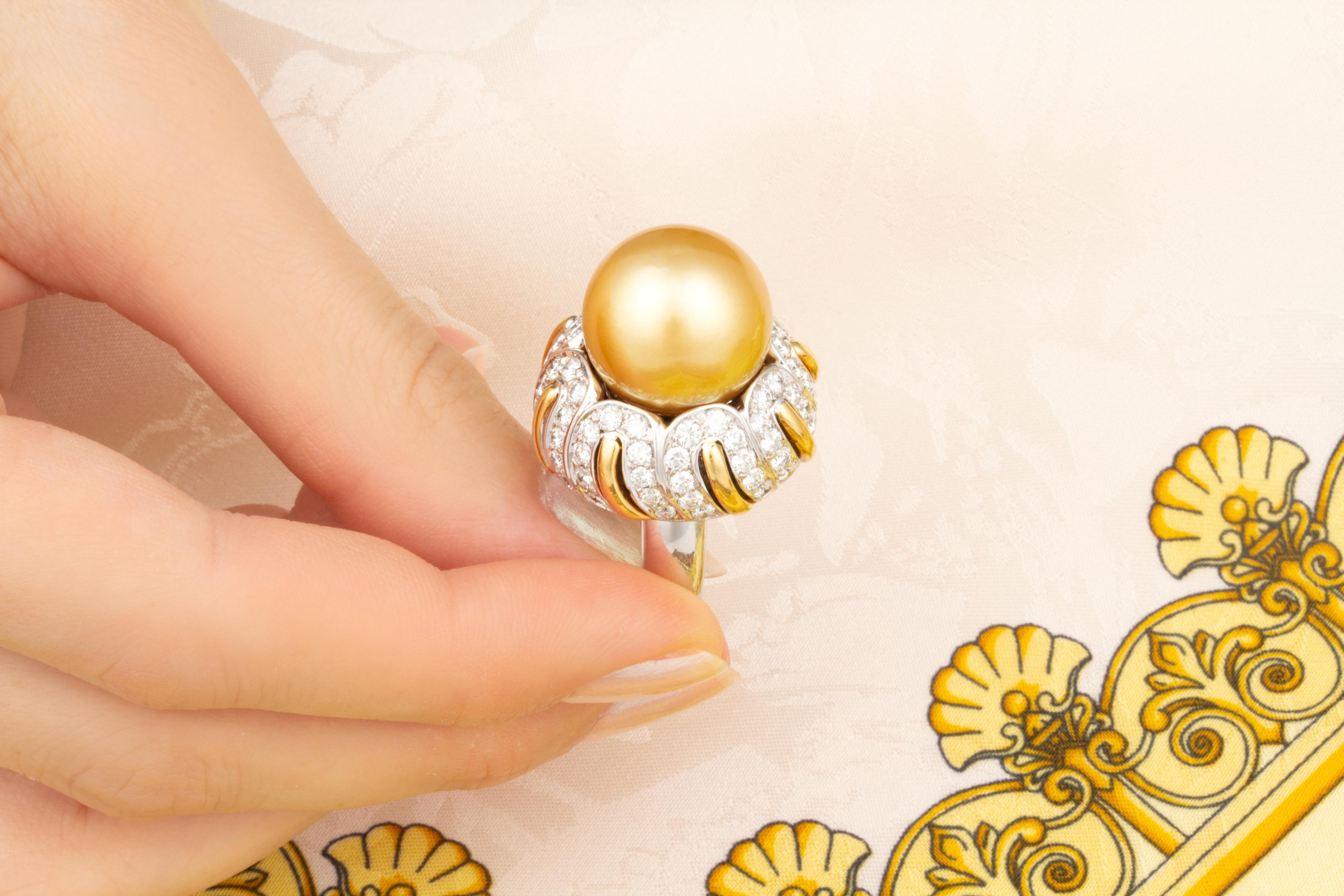 Ella Gafter Golden Pearl 16mm Diamond Ring For Sale 2
