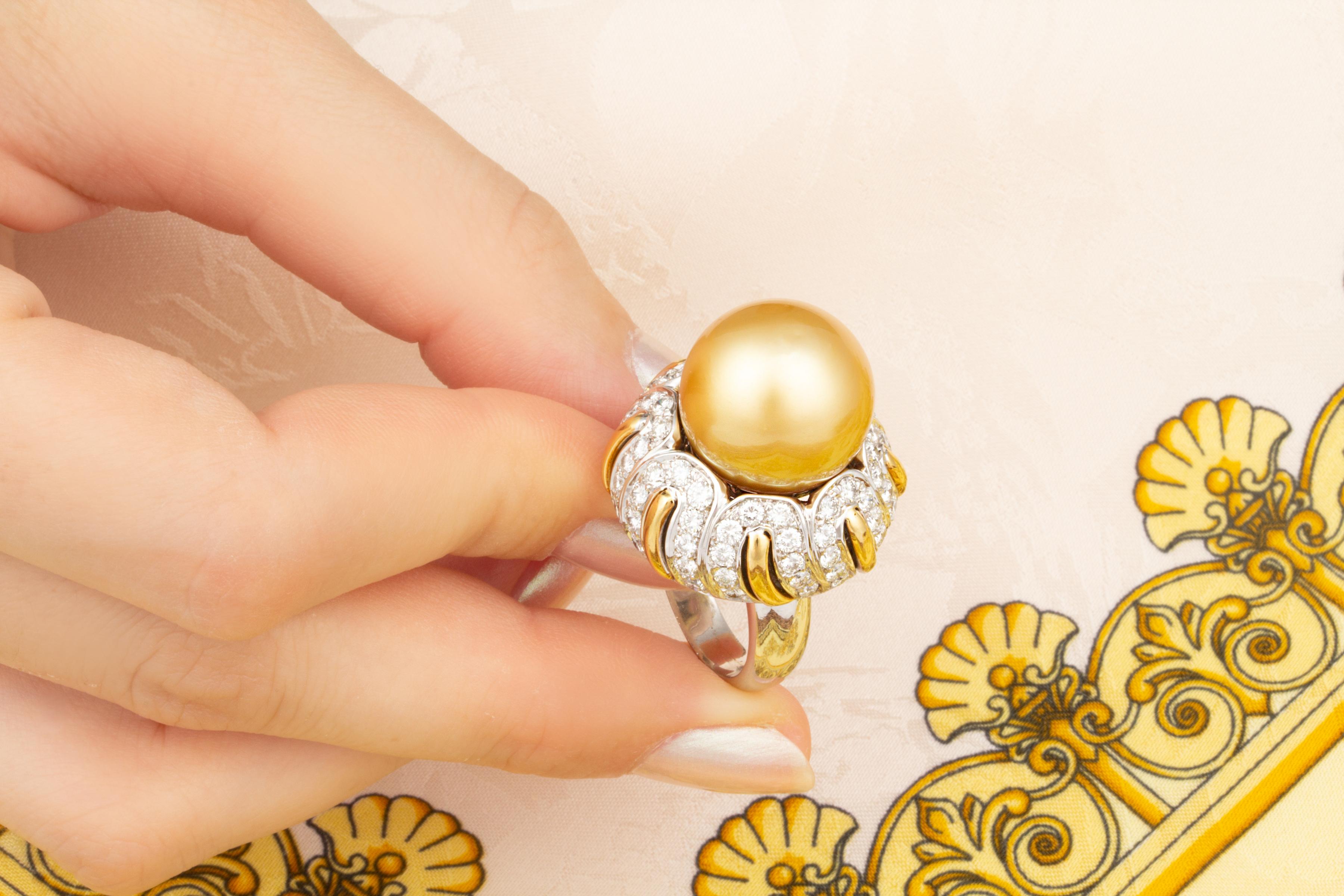 Ella Gafter Golden Pearl 16mm Diamond Ring For Sale 3