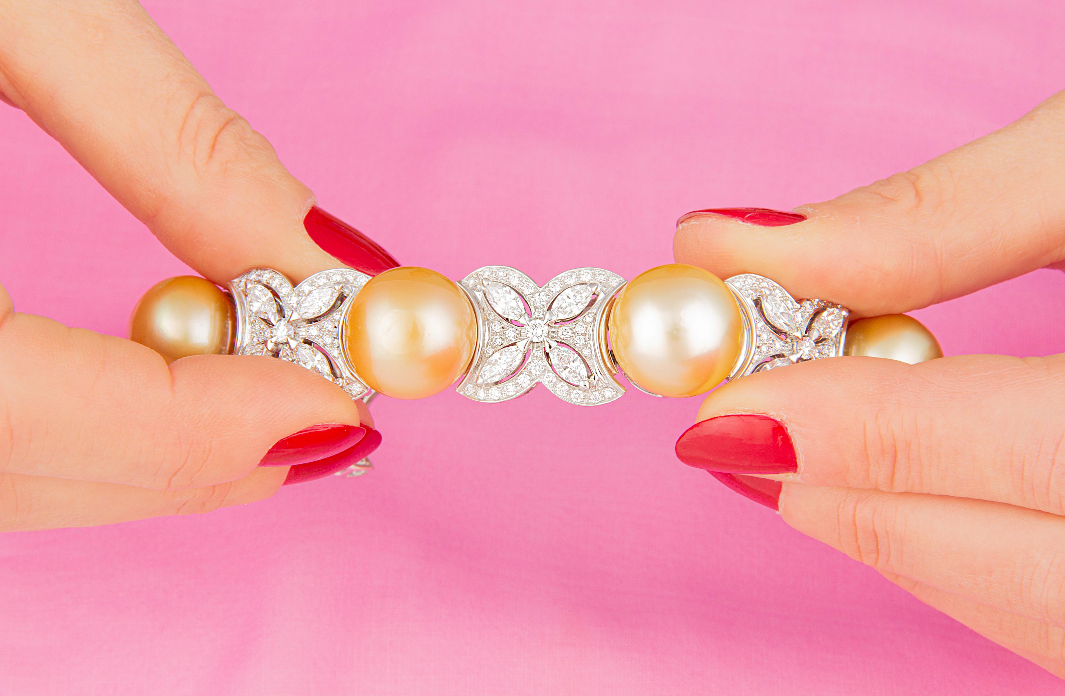 Marquise Cut Ella Gafter Golden Pearl Diamond Cuff Bracelet For Sale