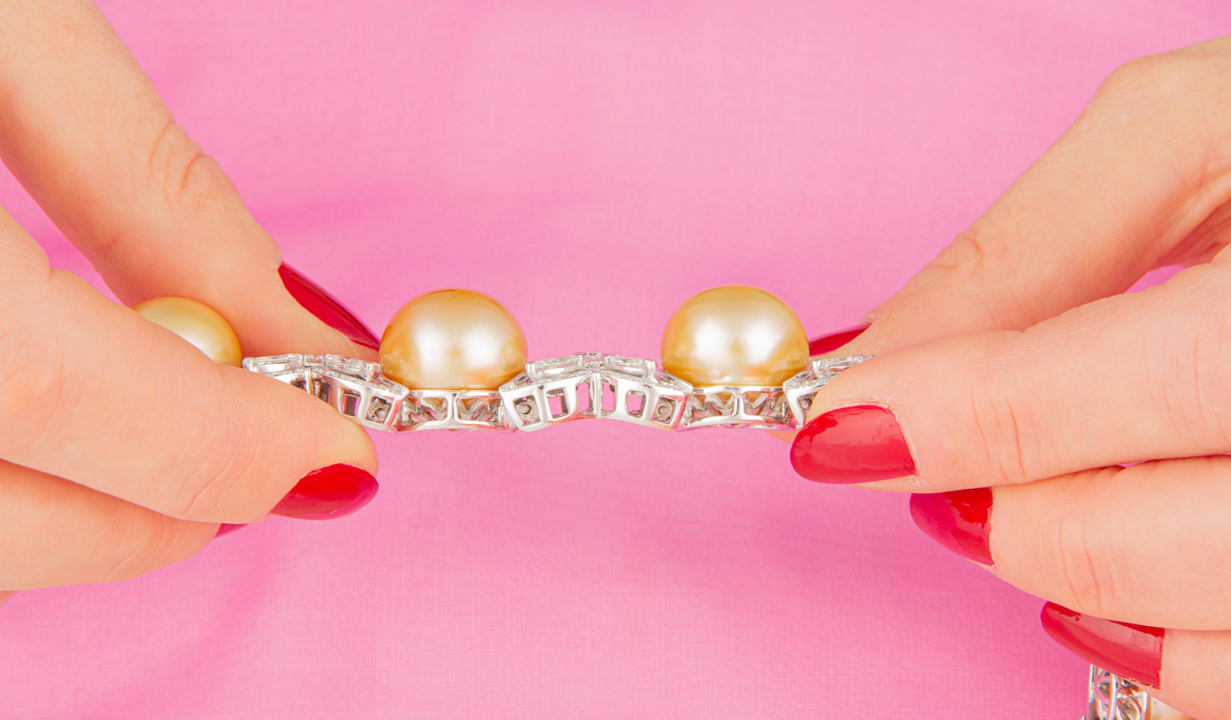 Ella Gafter Golden Pearl Diamond Cuff Bracelet For Sale 1