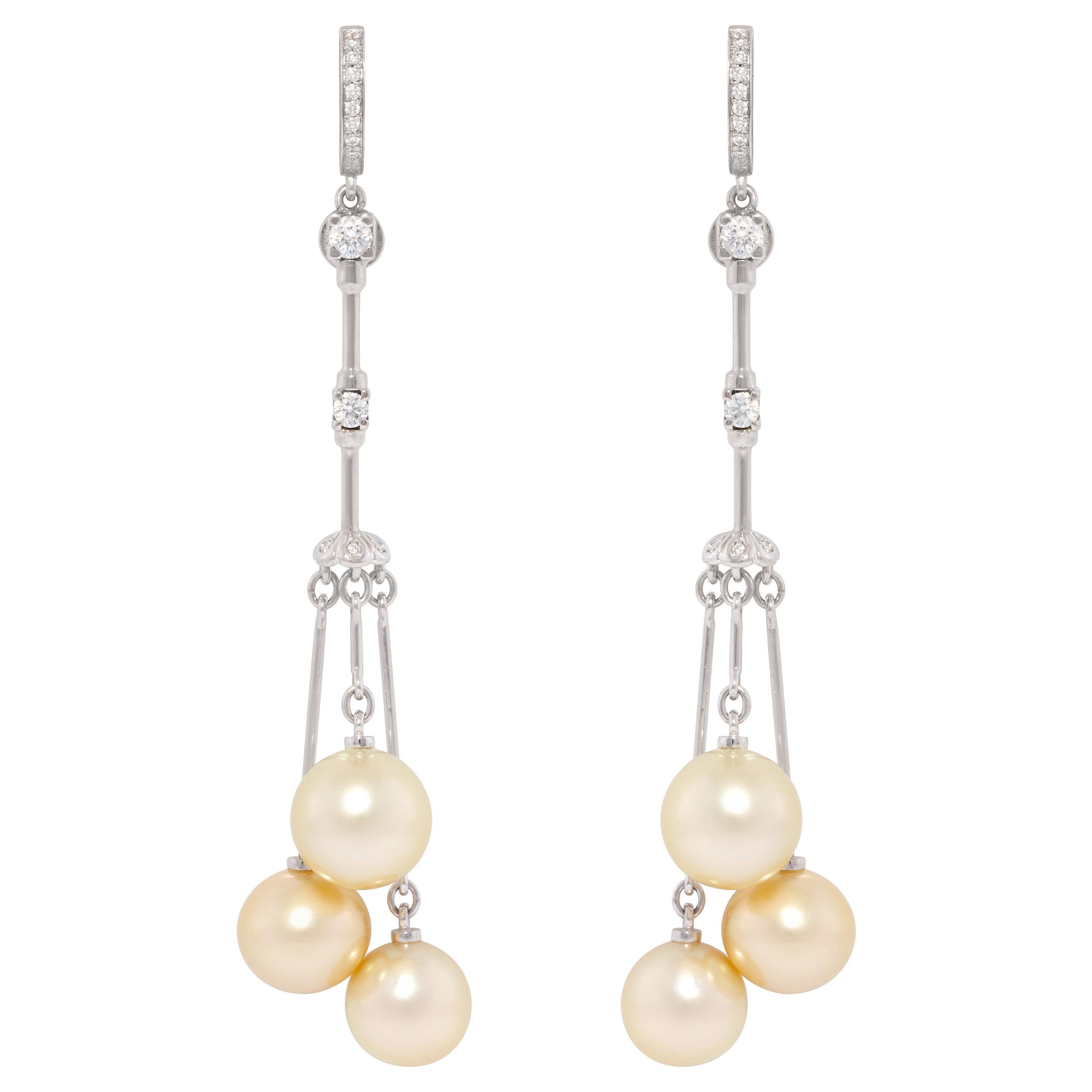 Ella Gafter Golden Pearl Diamond Tassel Chandelier Earrings For Sale