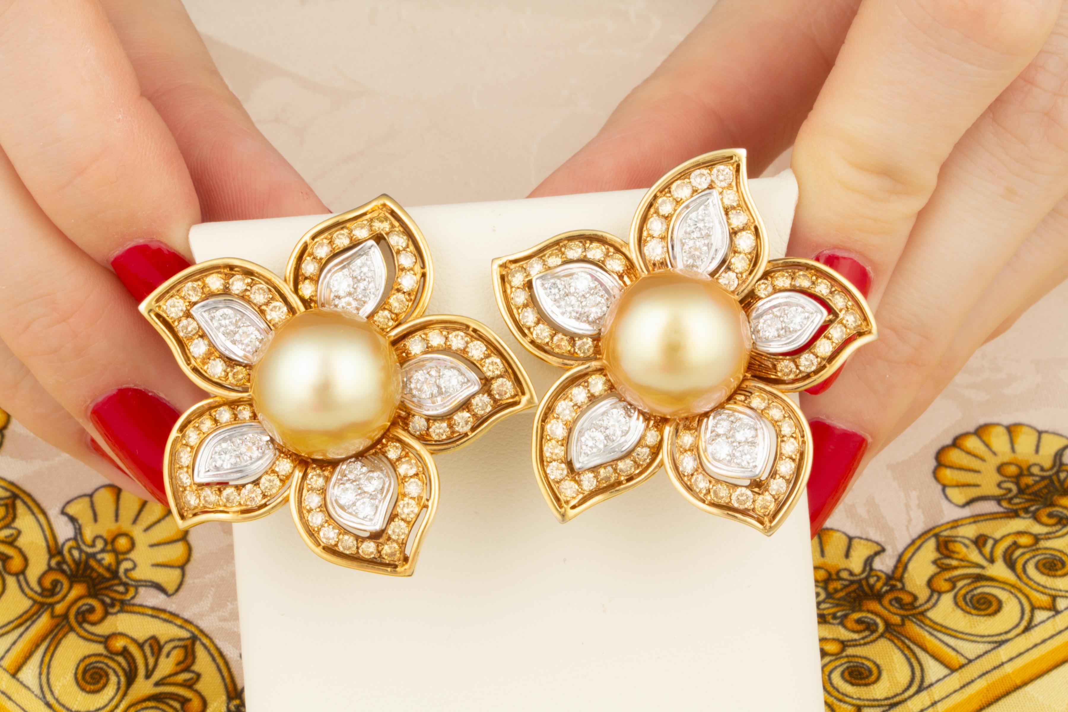 Artist Ella Gafter 16mm Pearl Diamond Flower Earrings