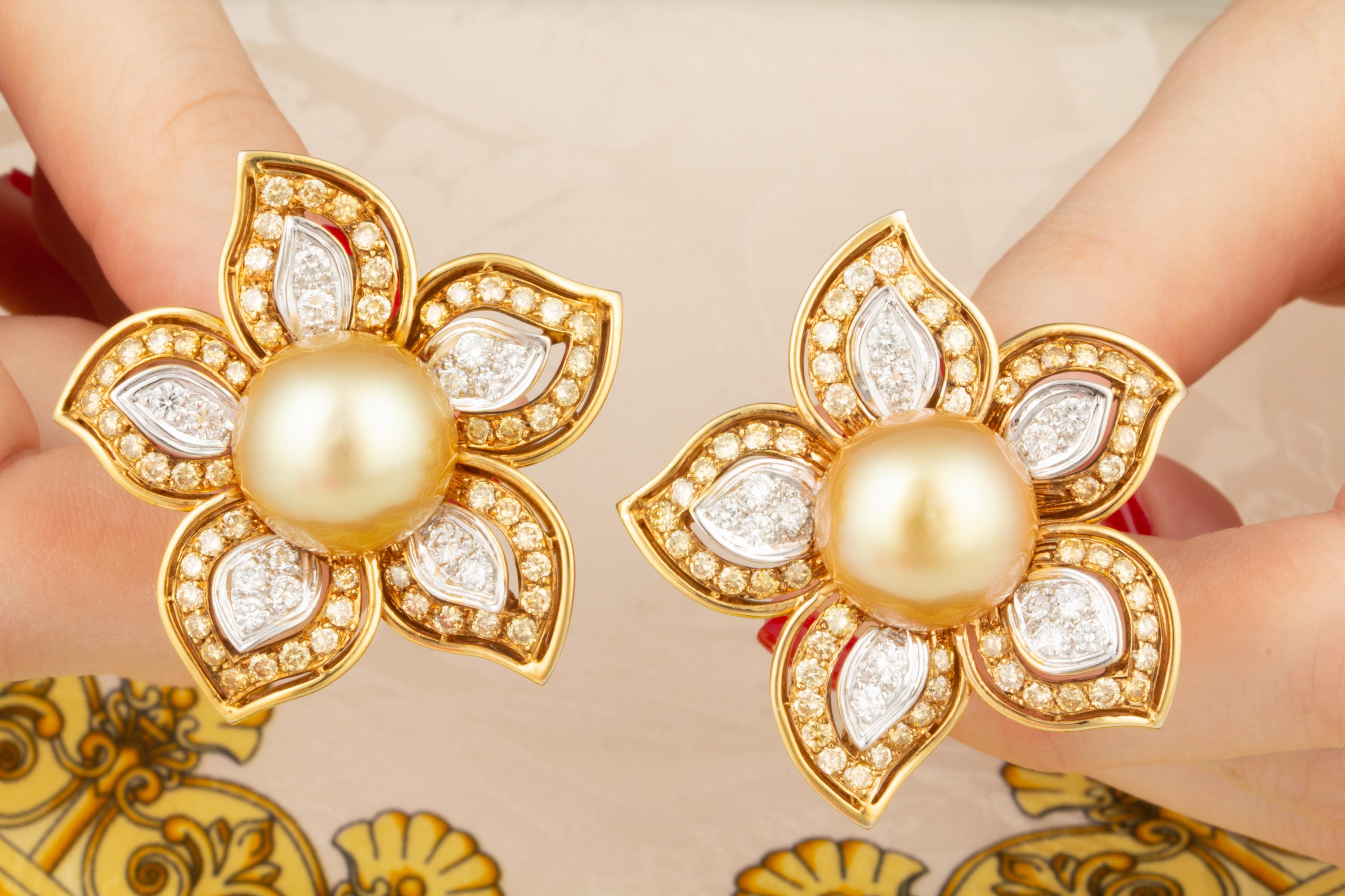 Round Cut Ella Gafter 16mm Pearl Diamond Flower Earrings