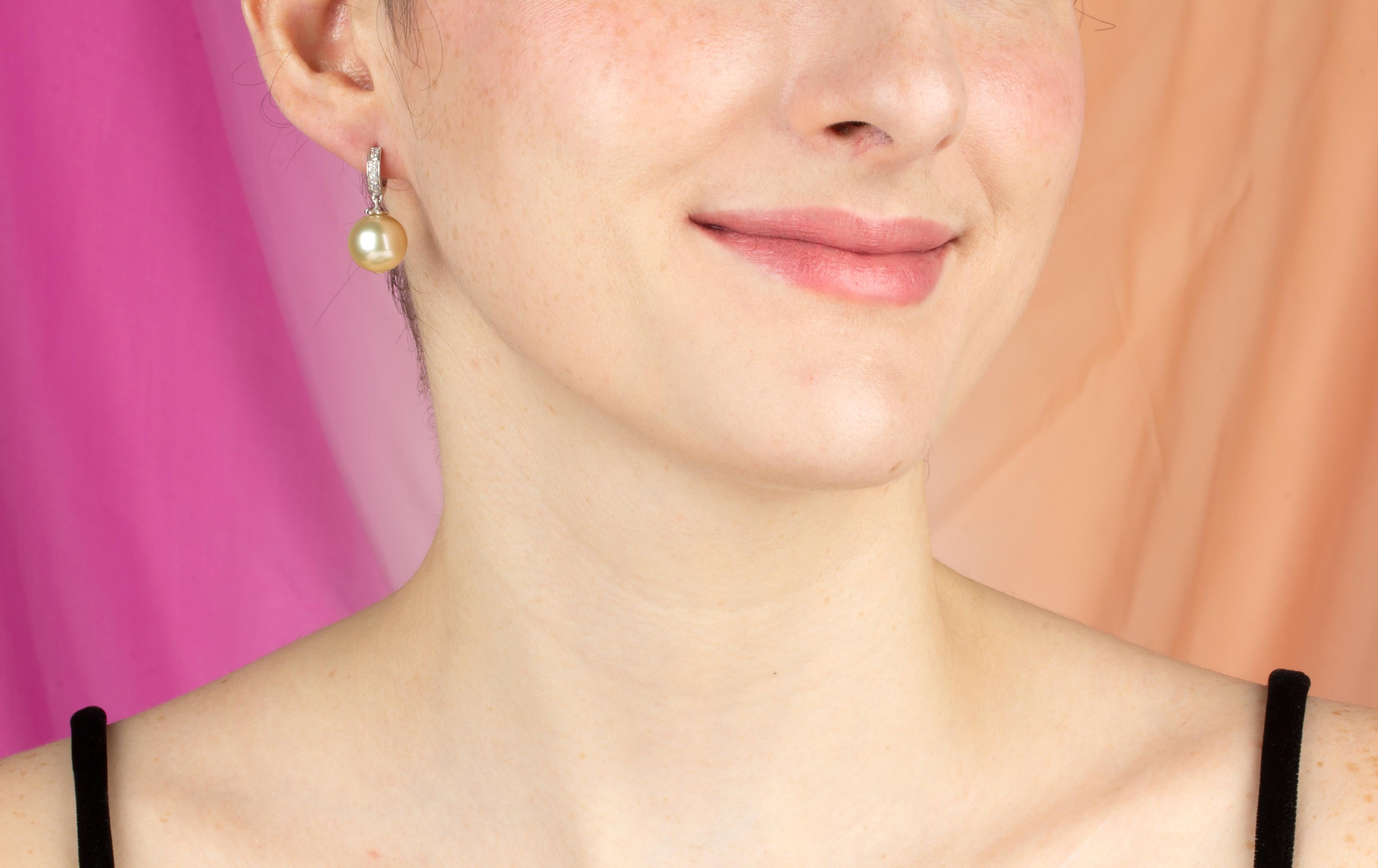 Artist Ella Gafter 12mm Golden Pearl Diamond Drop Earrings For Sale