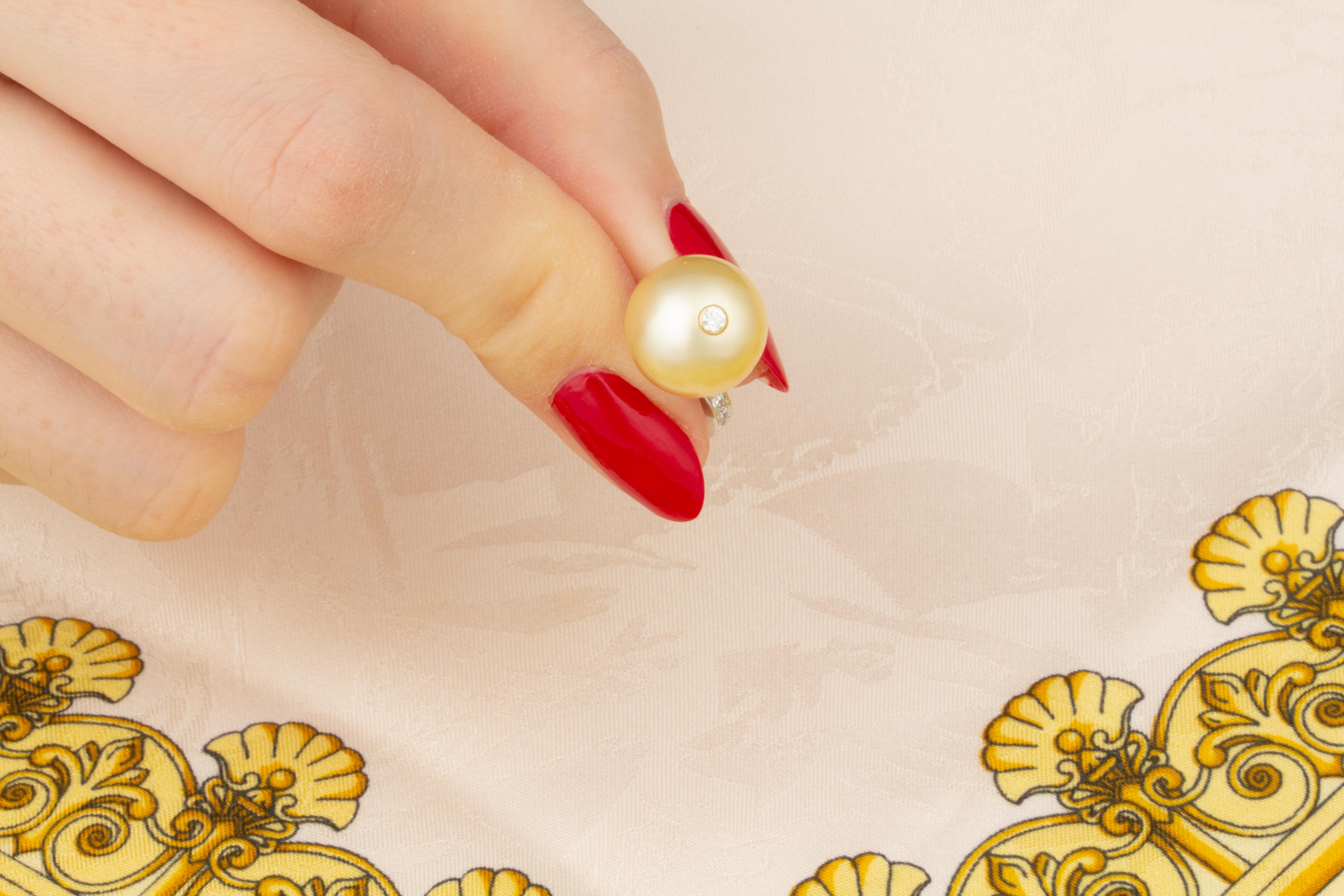 Ella Gafter 12mm Golden Pearl Diamond Drop Earrings For Sale 1