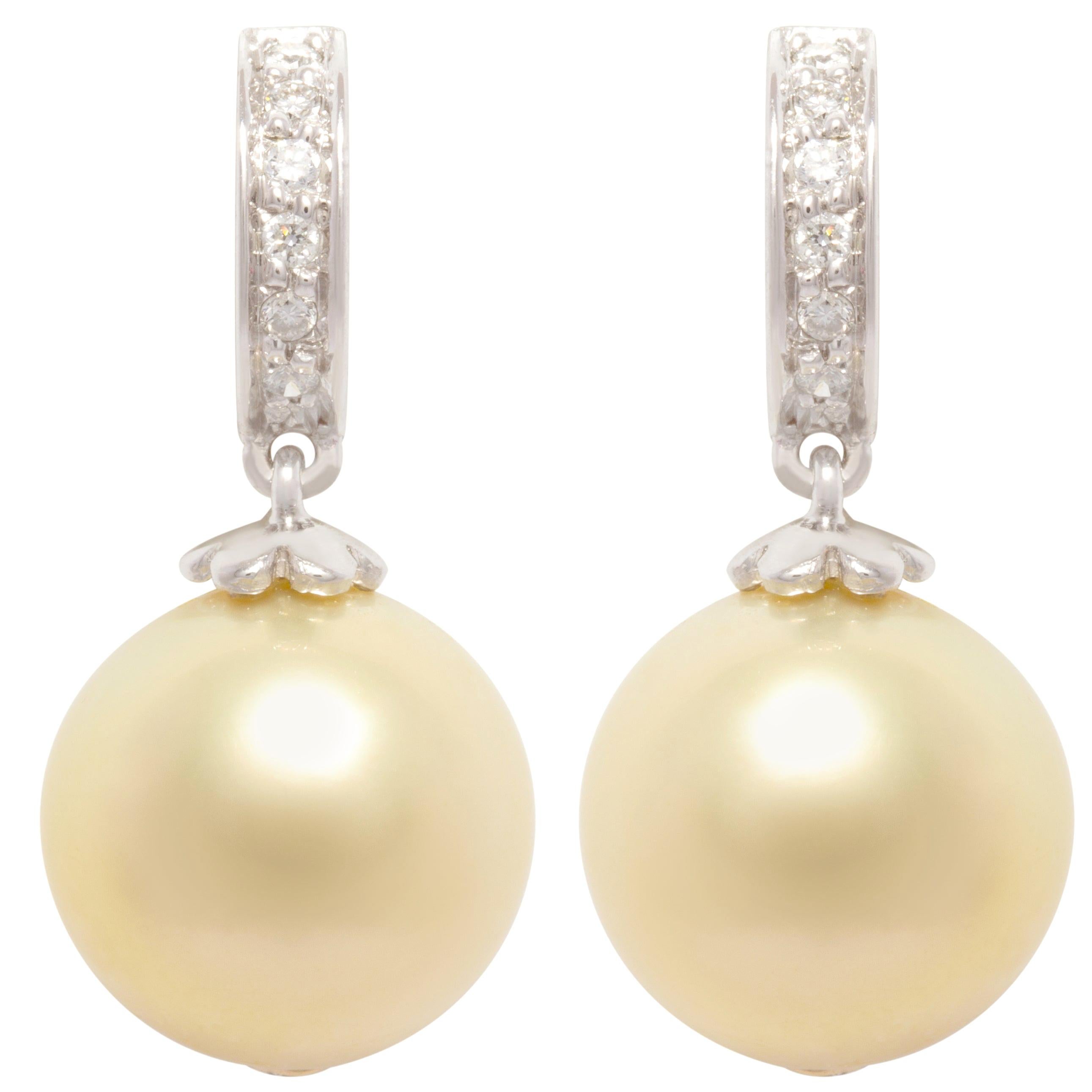 Ella Gafter 12mm Golden Pearl Diamond Drop Earrings For Sale