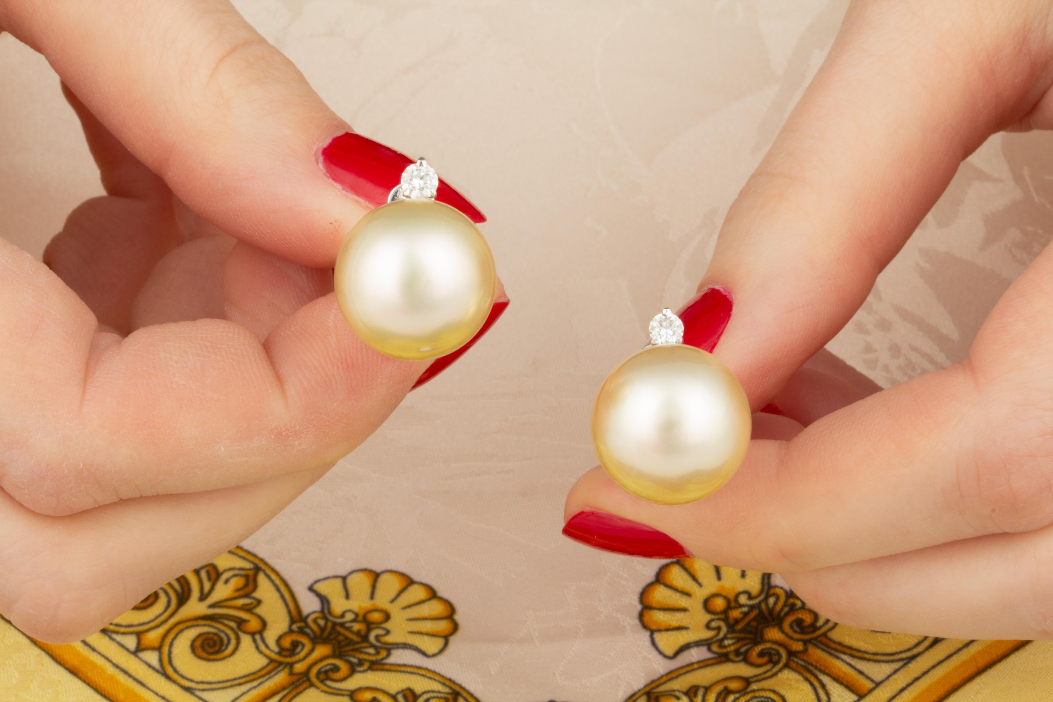 Ella Gafter Golden South Sea Pearl and Diamond Stud Earrings In New Condition In New York, NY