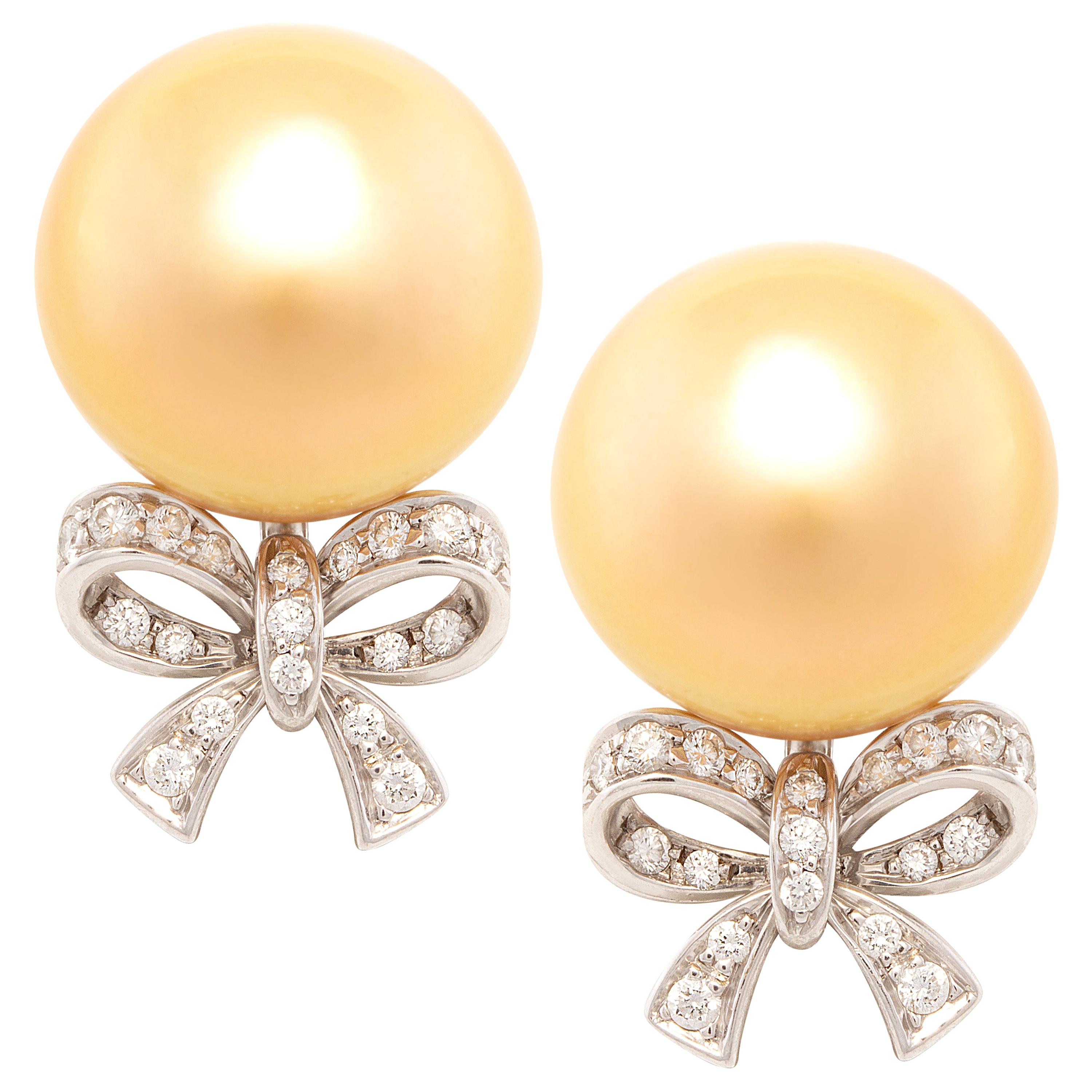 Ella Gafter Golden Pearl Diamond Bow Earrings For Sale