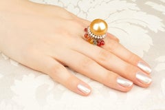 Golden Pearl 18mm Diamond Sapphire Briolette Cocktail Ring Design by Ella Gafter