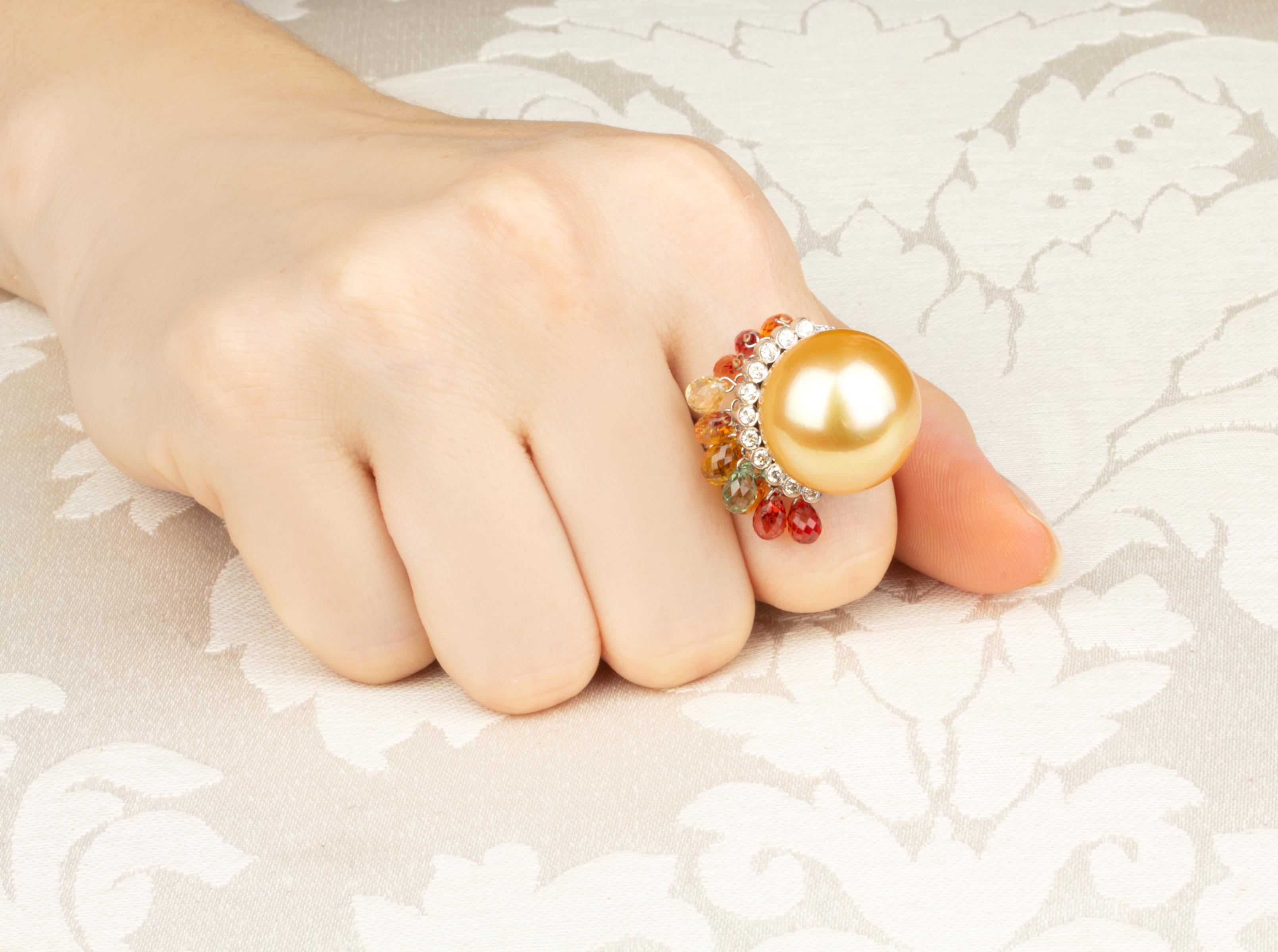 Artist Golden Pearl 18mm Diamond Sapphire Briolette Cocktail Ring Design by Ella Gafter For Sale