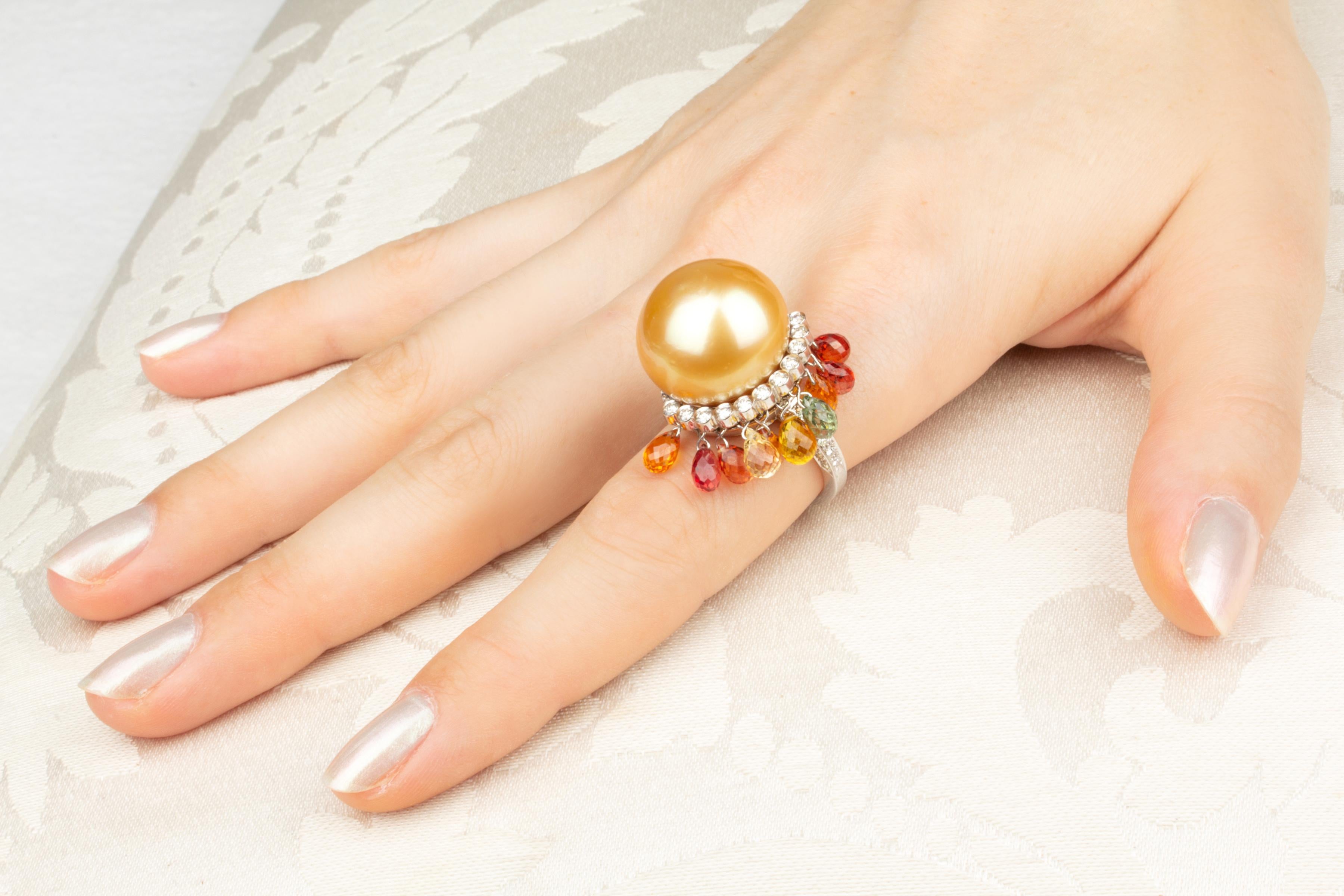 Briolette Cut Ella Gafter Golden Pearl Diamond Cocktail Ring For Sale