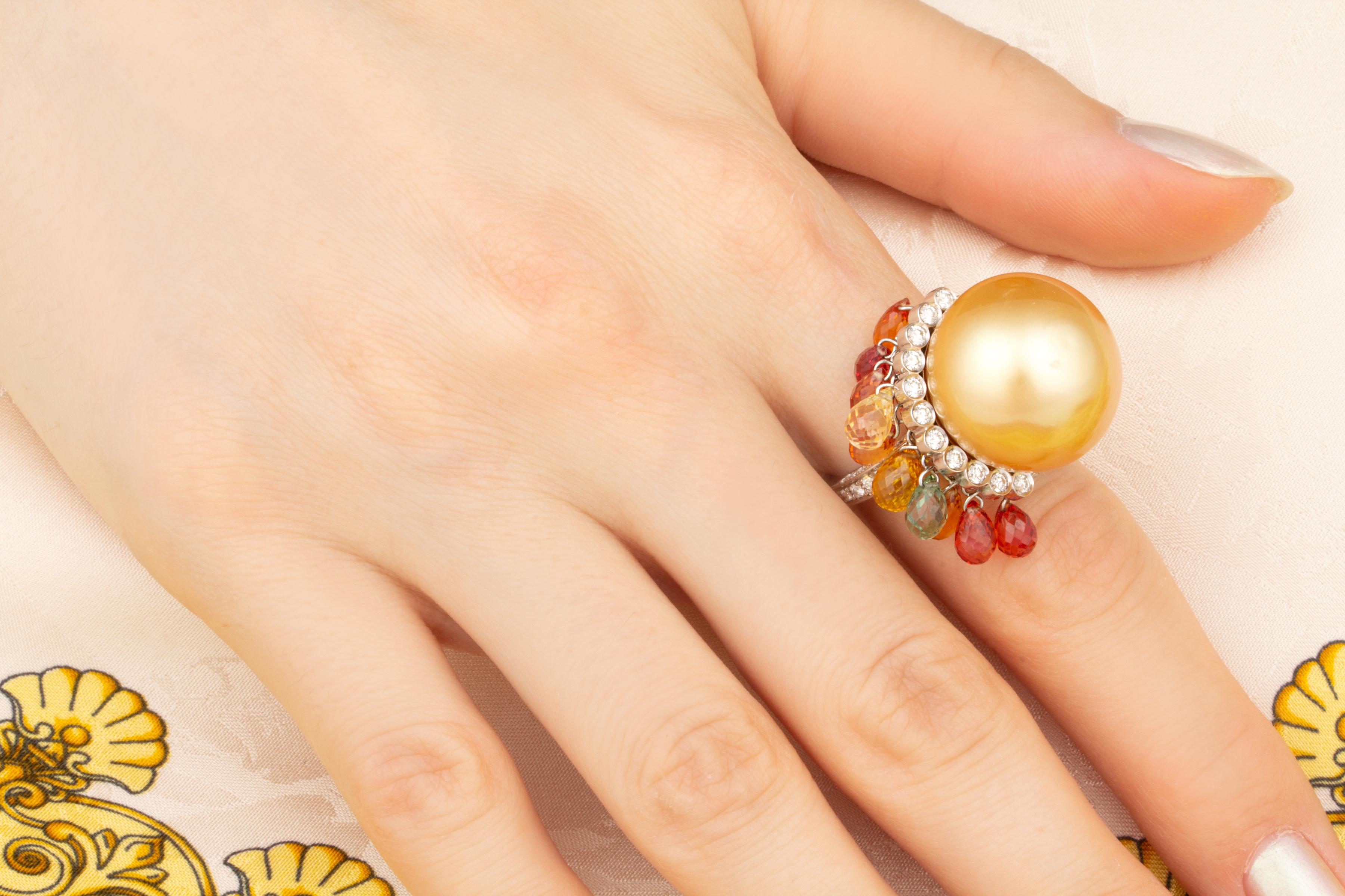 Ella Gafter Golden Pearl Diamond Cocktail Ring In New Condition For Sale In New York, NY