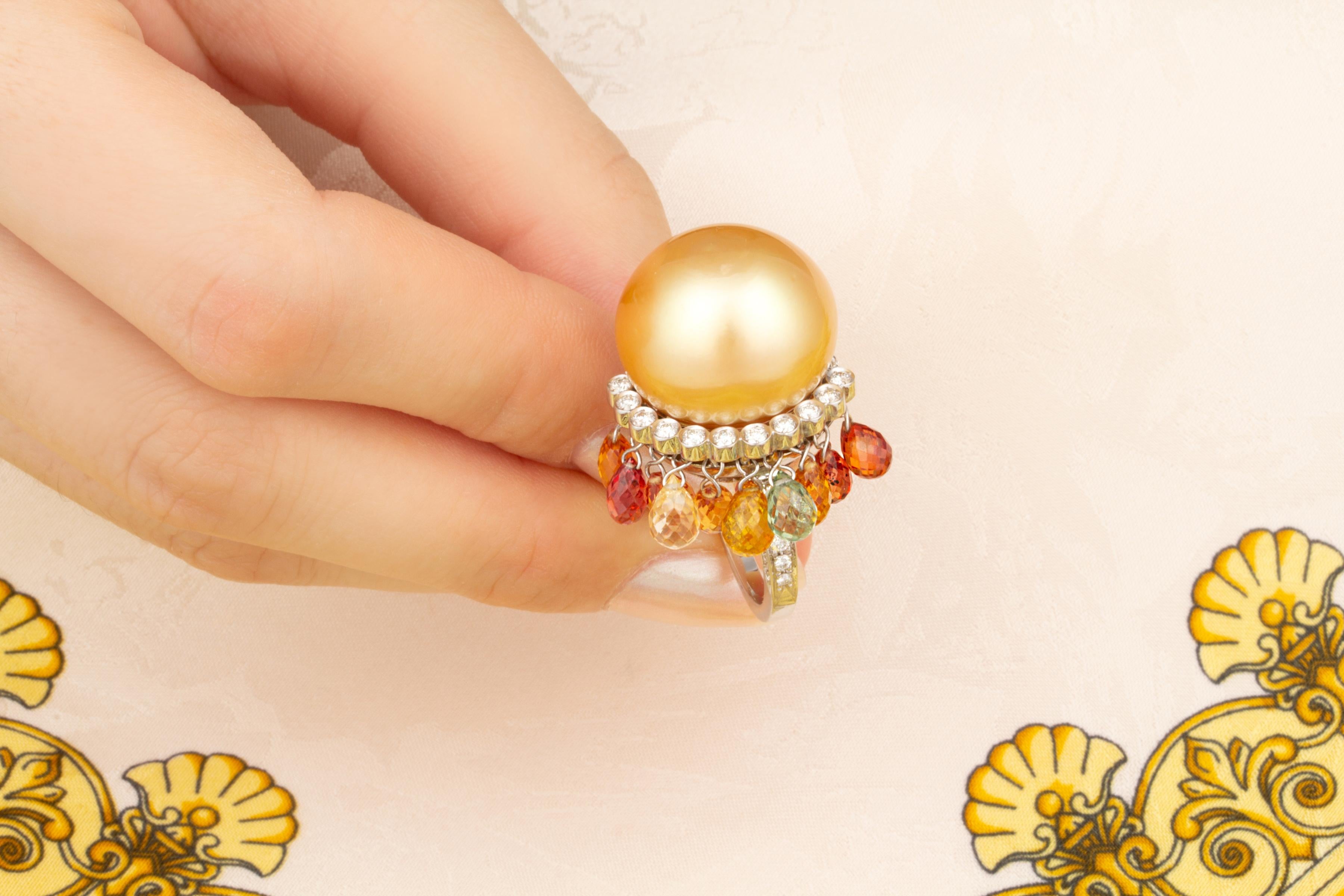 Golden Pearl 18mm Diamond Sapphire Briolette Cocktail Ring Design by Ella Gafter For Sale 1
